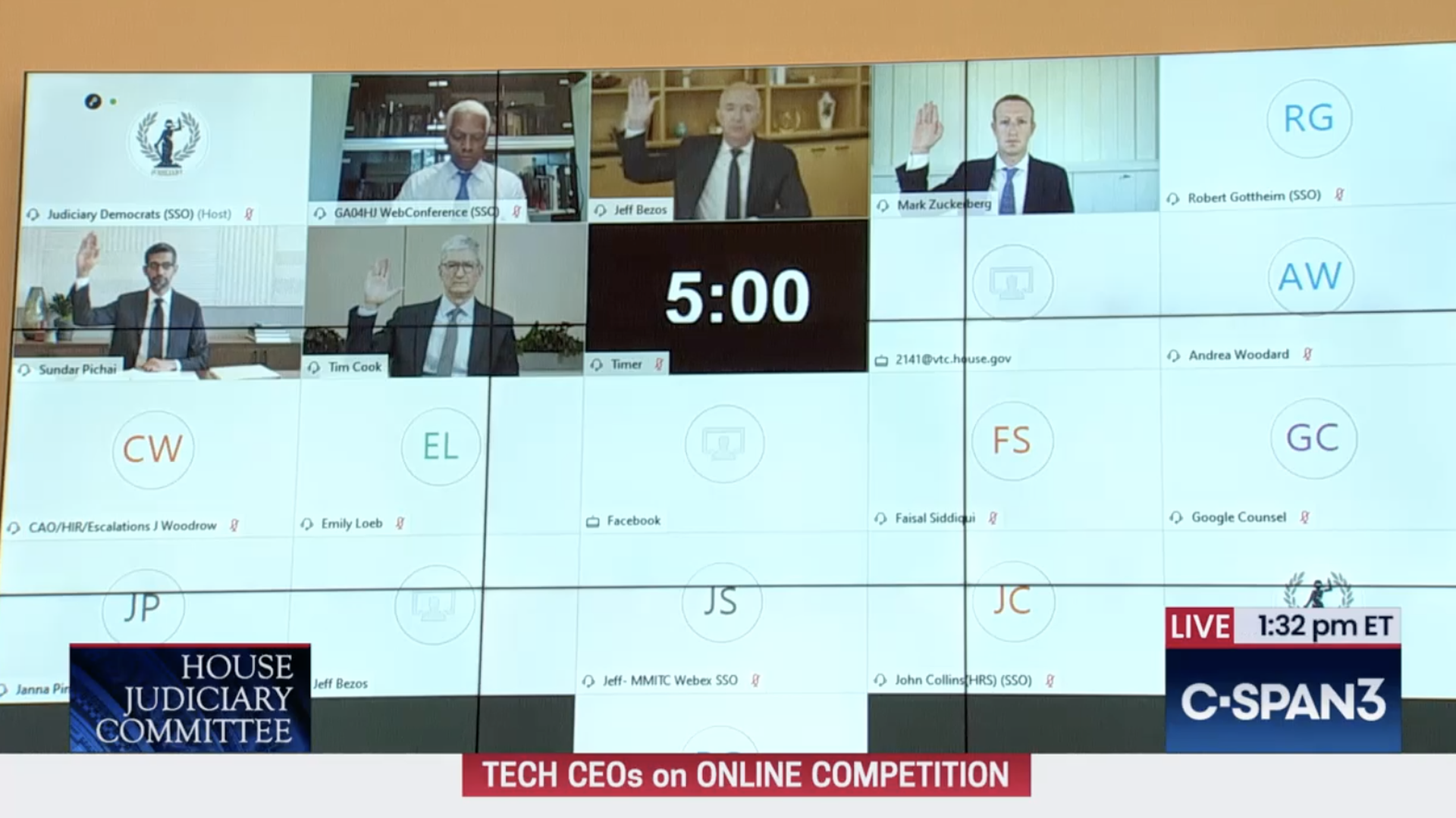 A screenshot of tech CEOs Jeff Bezos, Mark Zuckerberg, Sundar Pichai and Tim Cook being sworn in via teleconference for an antitrust hearing.