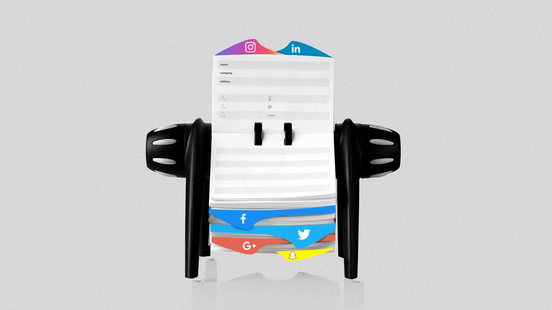 Illustration of a Rolodex with tabs indicating various social media apps.