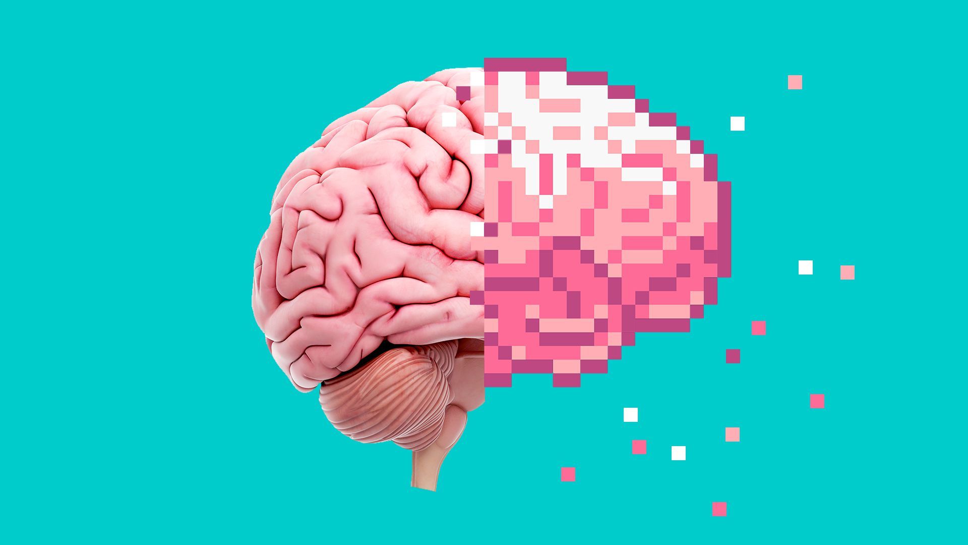 Illustration of a brain which is divided at the center and has a pixelated half