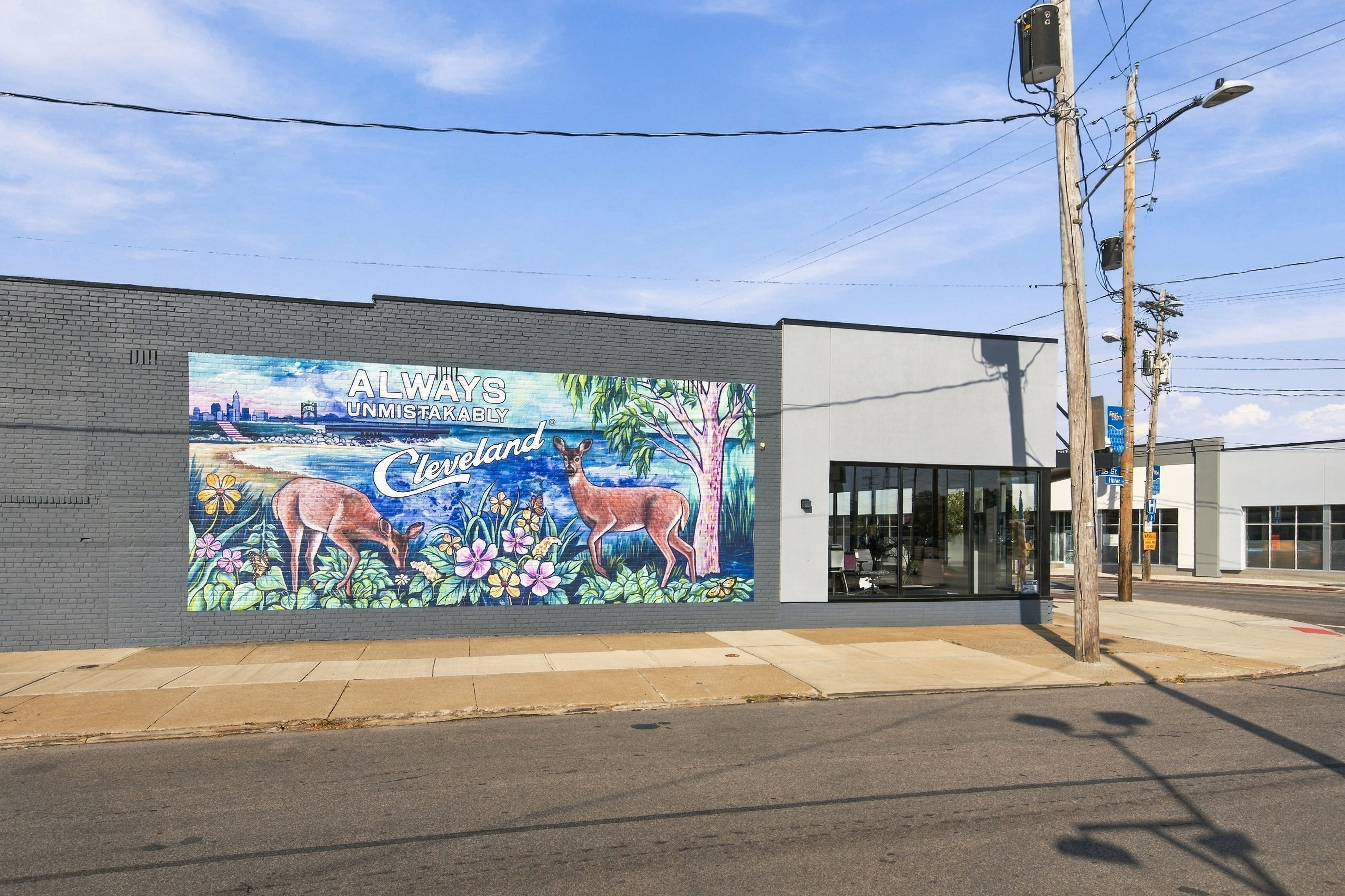 Mural on a gray brick wall shows two deer among tropical flowers beside a blue water scene, with the word "Cleveland" scripted and a faint city skyline in the background; wooden utility poles and power lines frame the scene.