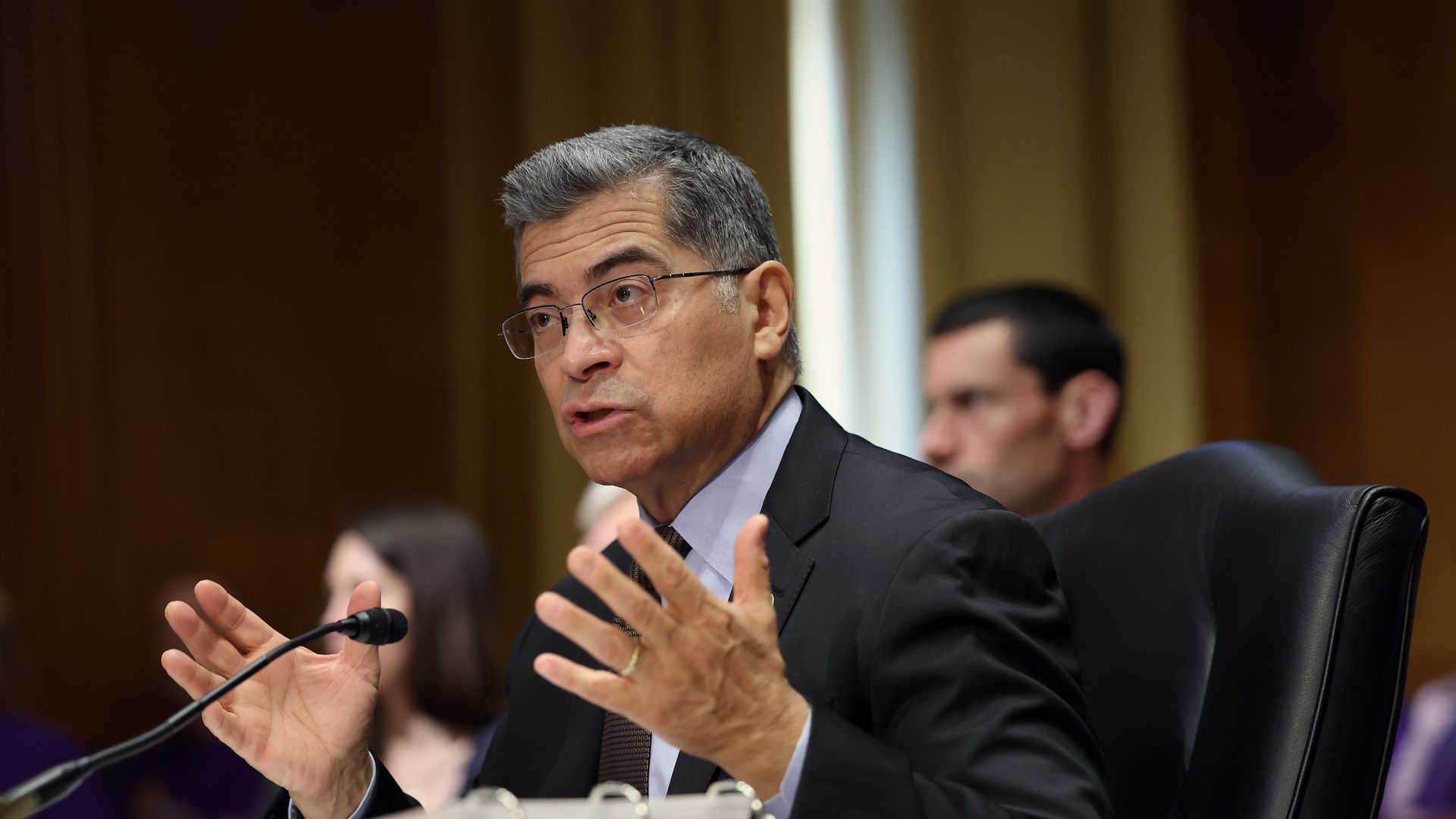 Health and Human Services secretary Xavier Becerra testifies at a Senate hearing