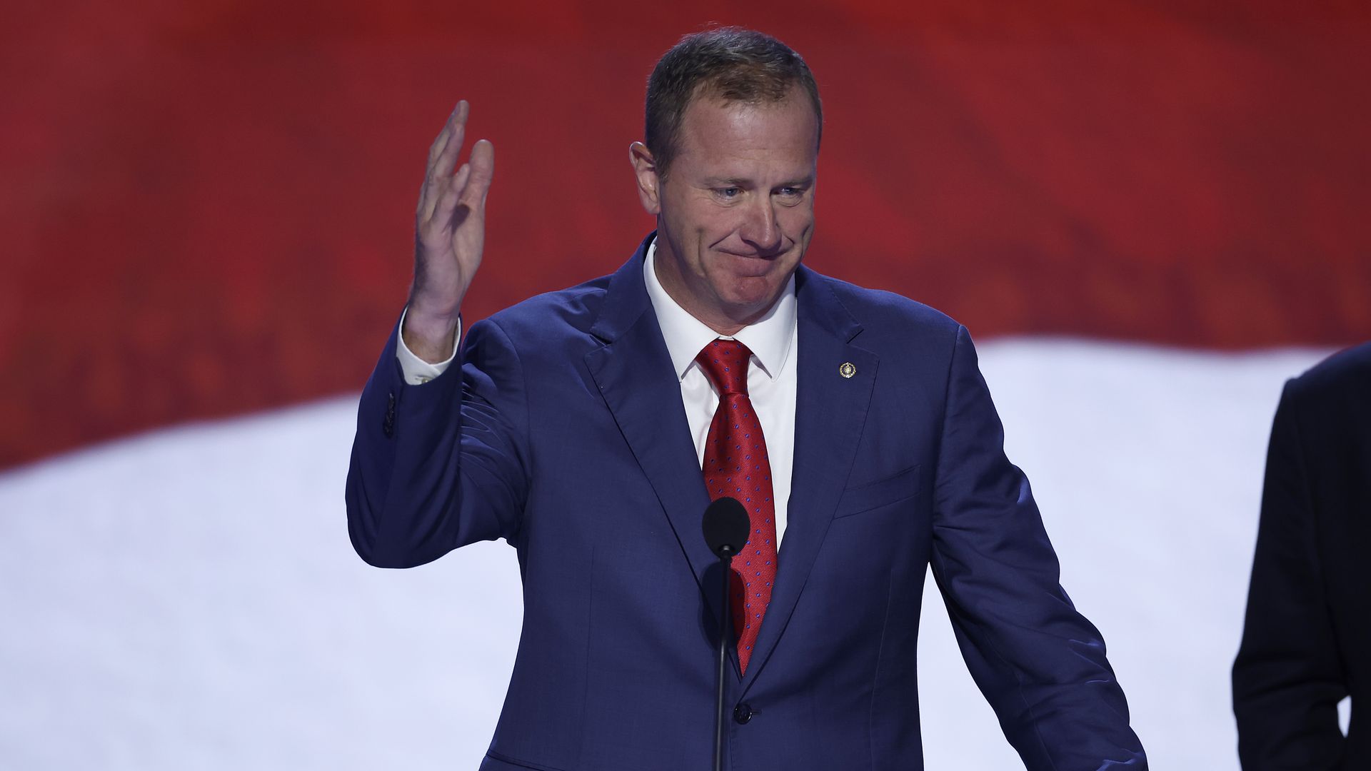 en. Eric Schmitt (R-MO) speaks during preparations for the second day of the Republican National Convention at the Fiserv Forum on July 16, 2024 in Milwaukee, Wisconsin. Delegates, politicians, and the Republican faithful are in Milwaukee for the annual convention, concluding with former President D