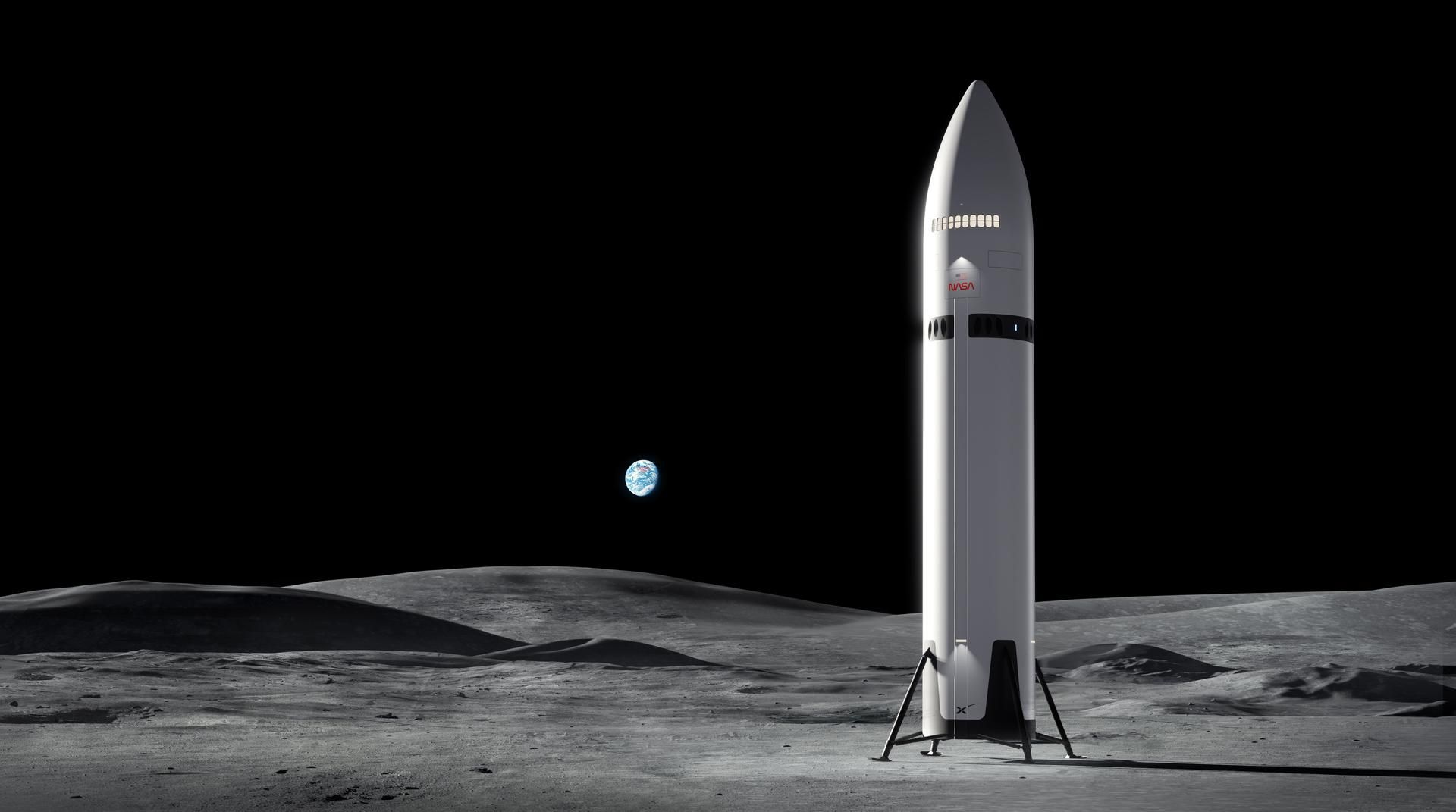 A tall white NASA rocket stands on the gray, cratered lunar surface with landing legs extended; Earth is visible in the distant black sky.