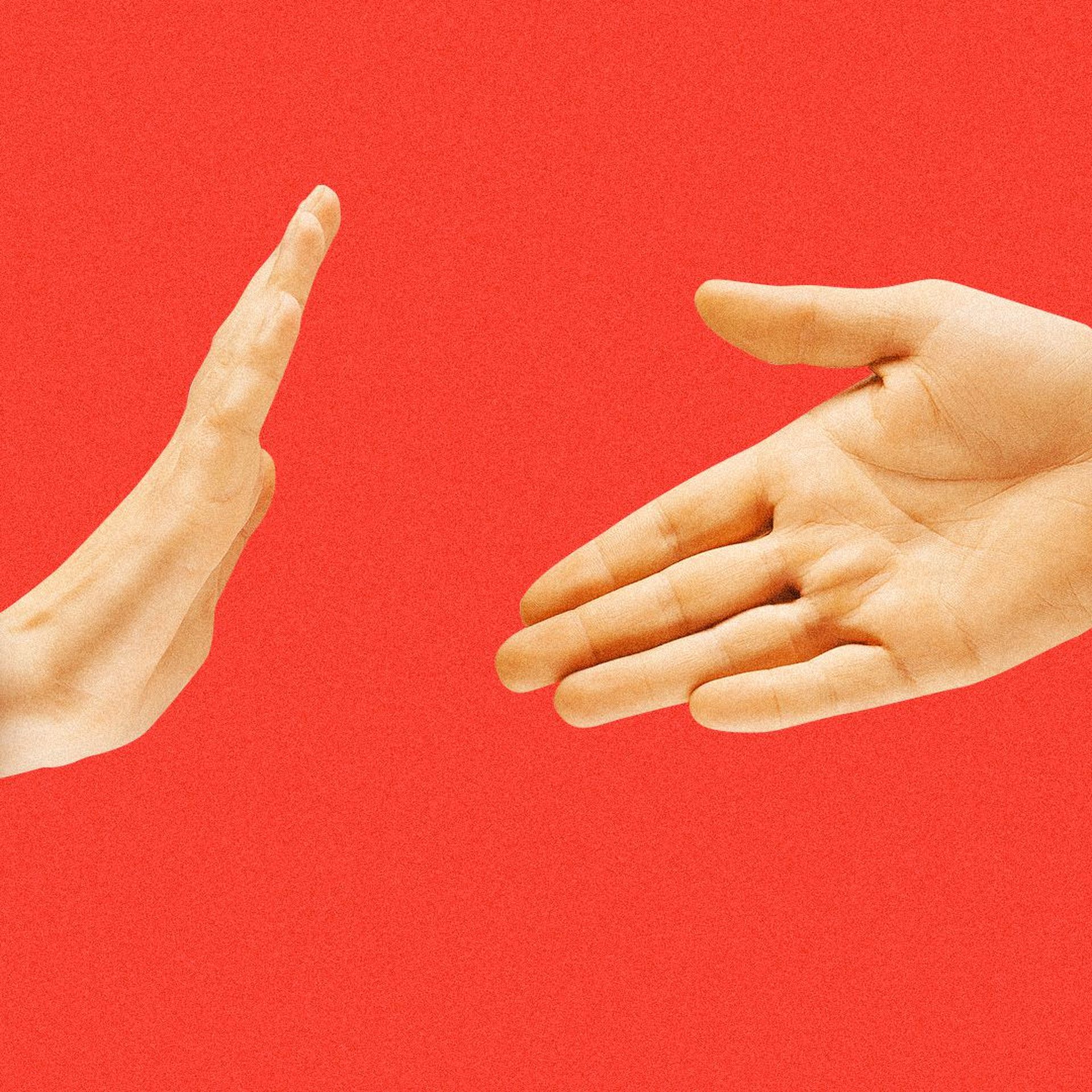 Illustration of a hand reaching out for a hand shake with another hand making a stop gesture. 