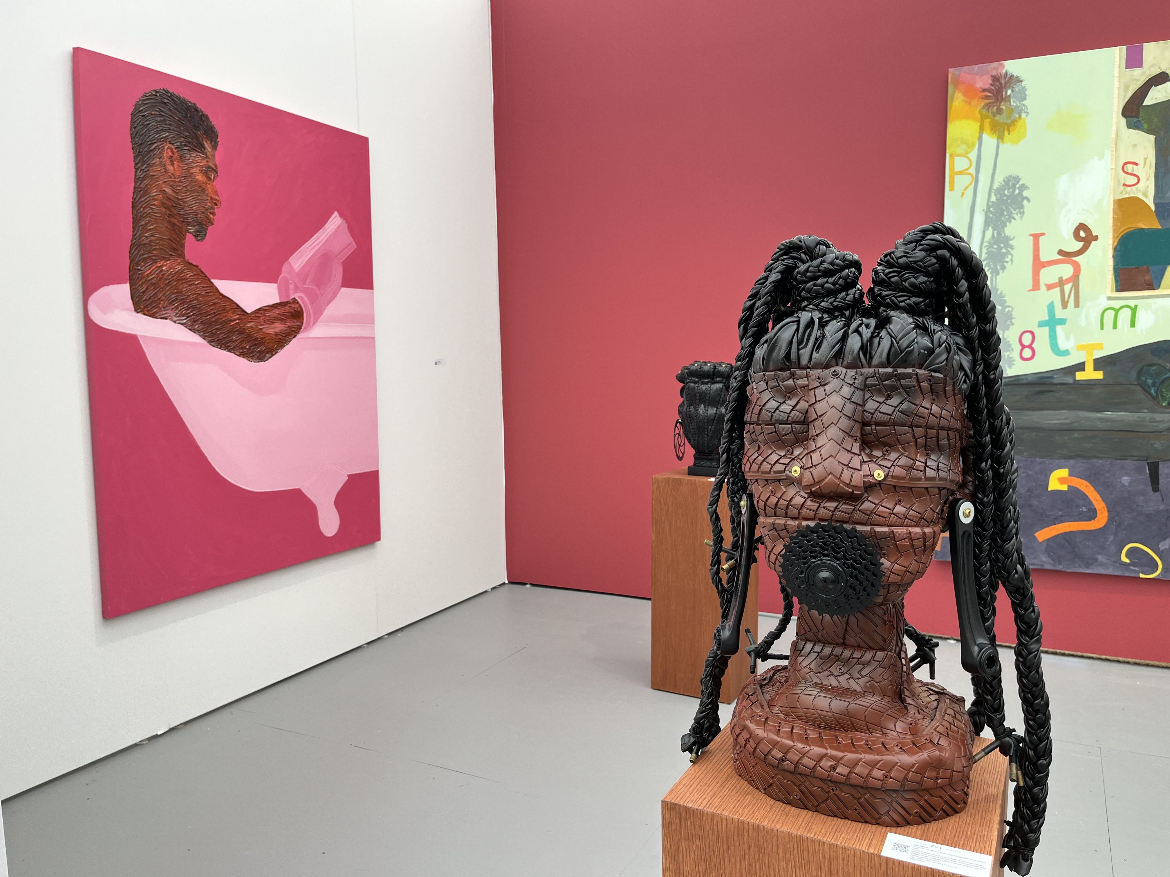 Kim Dacres' "Patra #2" (right) and Samuel Olayombo's painting