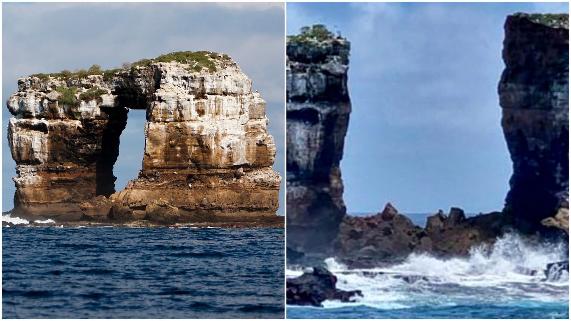 Images of Darwin's Arch before and after the collapse in the Galápagos Islands, near Ecuador. Photo: Reinhard Dirscherl\ullstein bild via Getty Images