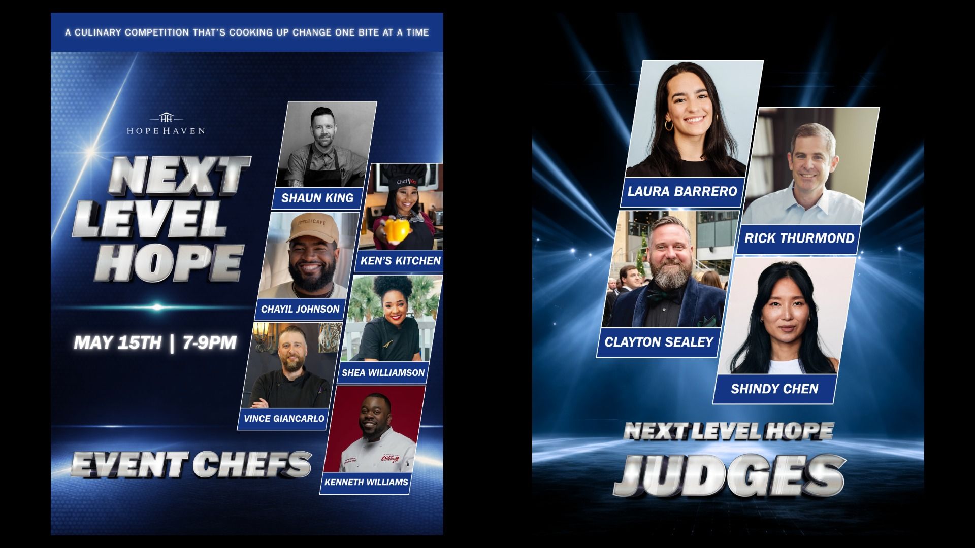 Two event posters: left blue "Next Level Hope" chef lineup with photos and names; right blue-lit "Judges" board showing Laura Barrero, Rick Thurmond, Clayton Sealey, and Shindy Chen.