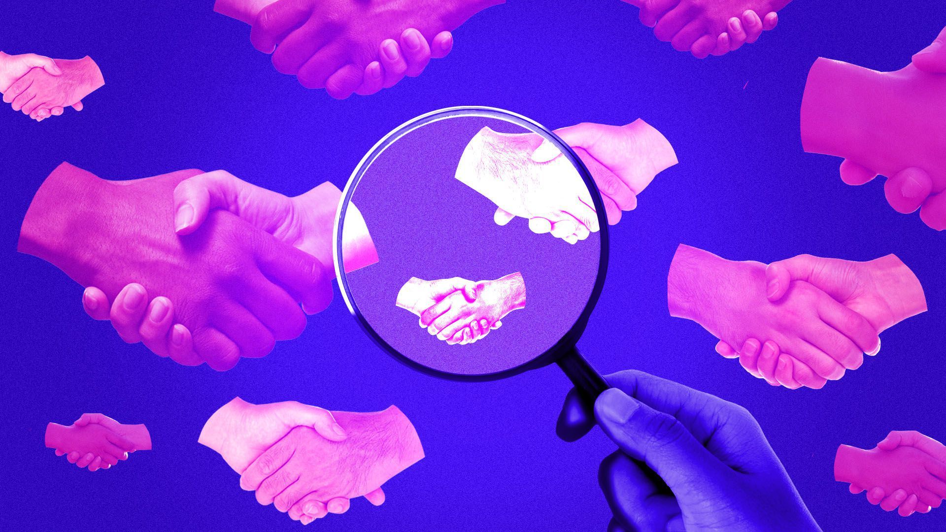 a magnifying glass looking at various hands engaged in hand shakes