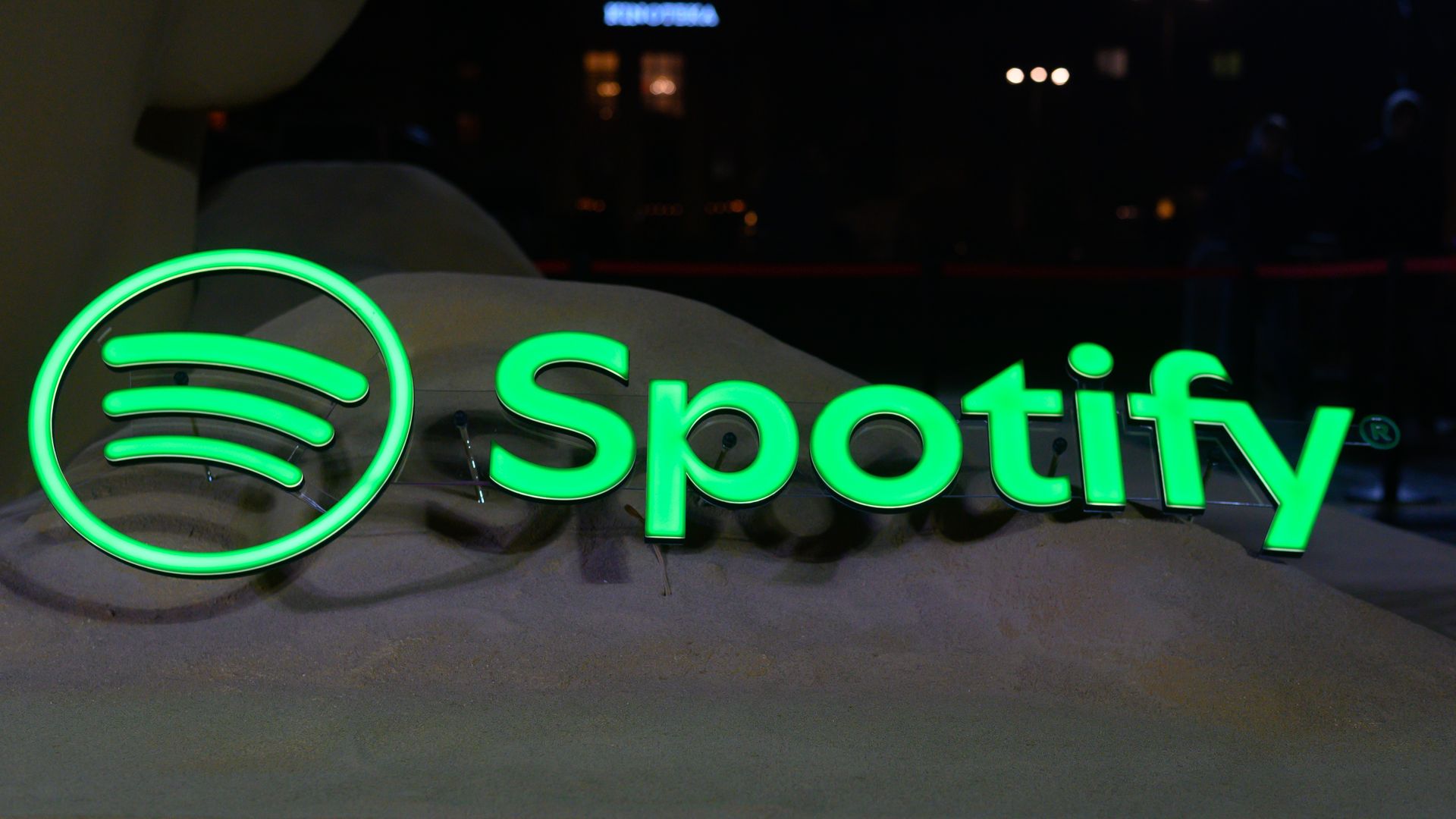 A Spotify music app sign is depicted in the city center in Warsaw, Poland, on December 5, 2025. 