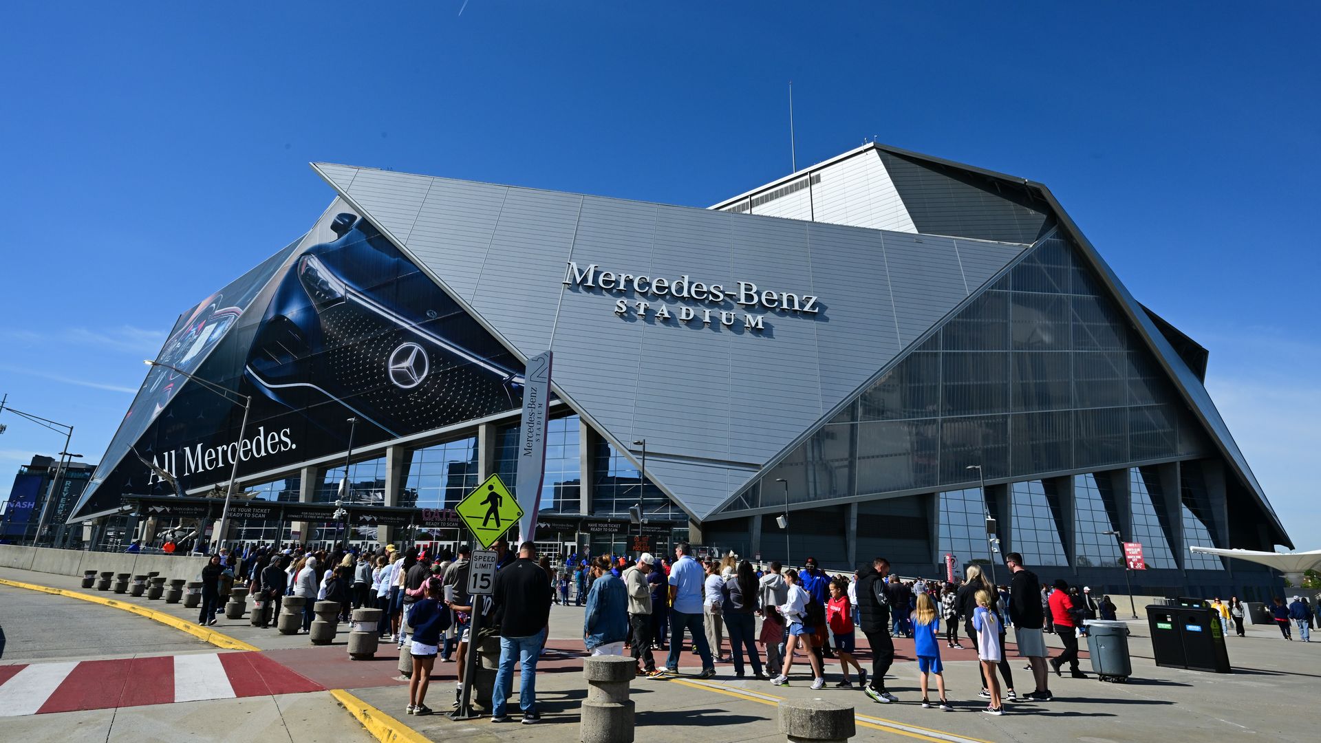 Exterior shot of Mercedes-Benz Stadium.