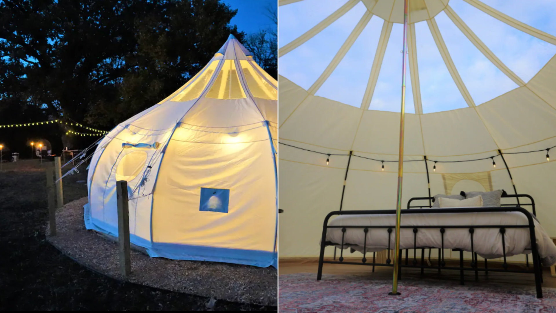 bell tent lit up outside and bed inside tent