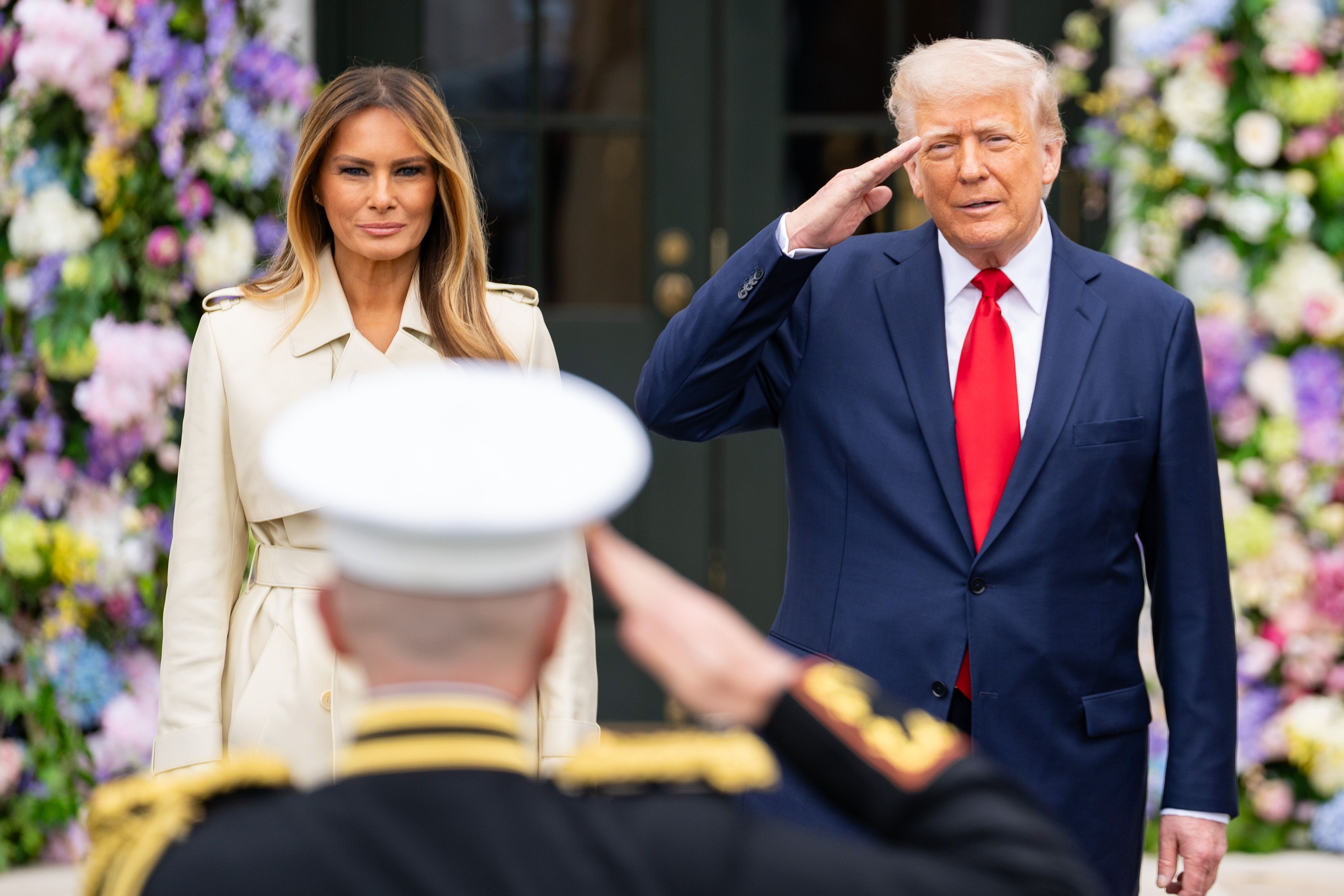 President Donald Trump and First Lady Melania Trump at the 2025 Easter Egg Roll in Washington, DC, on April 21, 2025. (Photo by Allison Robbert for The Washington Post via Getty Images)