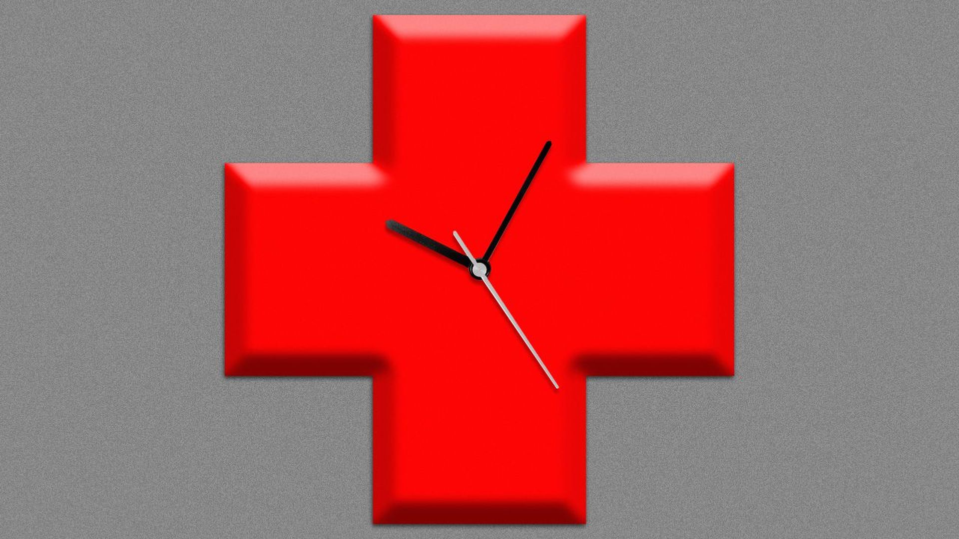 Illustration of a medical cross with clock hands 