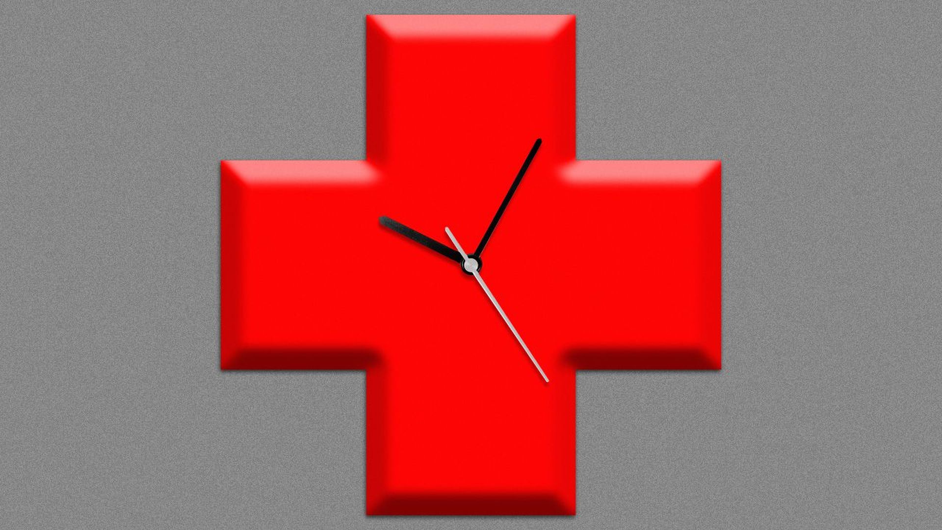 Illustration of a medical cross with clock hands