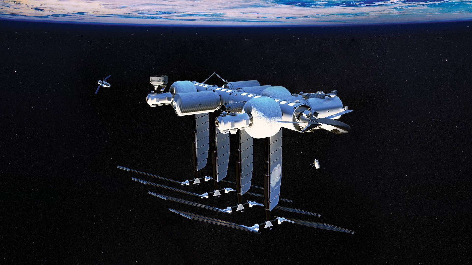 Artist's illustration of a private space station in orbit. Spacecraft fly around the station with the limb of the earth above.