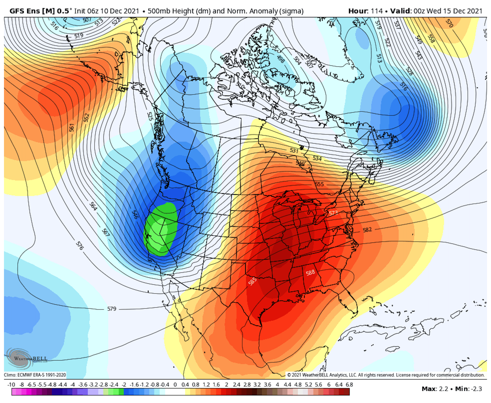 Map showing the huge area of unusually high pressure and warm air aloft (red) on Dec. 15, 2021.