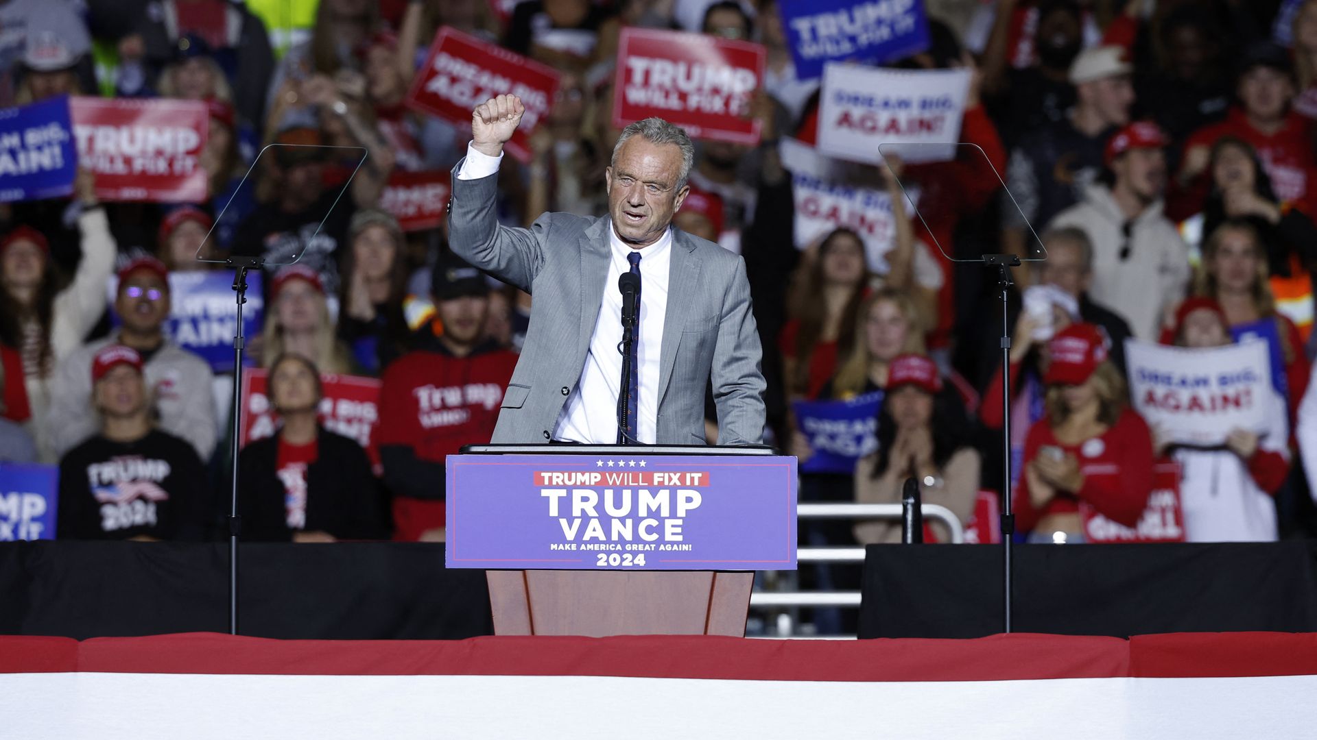 Former Republican presidential candidate Robert F. Kennedy Jr. speaks ahead of Former US President and Republican presidential candidate Donald Trump at a campaign rally at the Fiserv Forum in Milwaukee, Wisconsin, November 1, 2024. (Photo by KAMIL KRZACZYNSKI / AFP) (Photo by KAMIL KRZACZYNSKI/AFP 