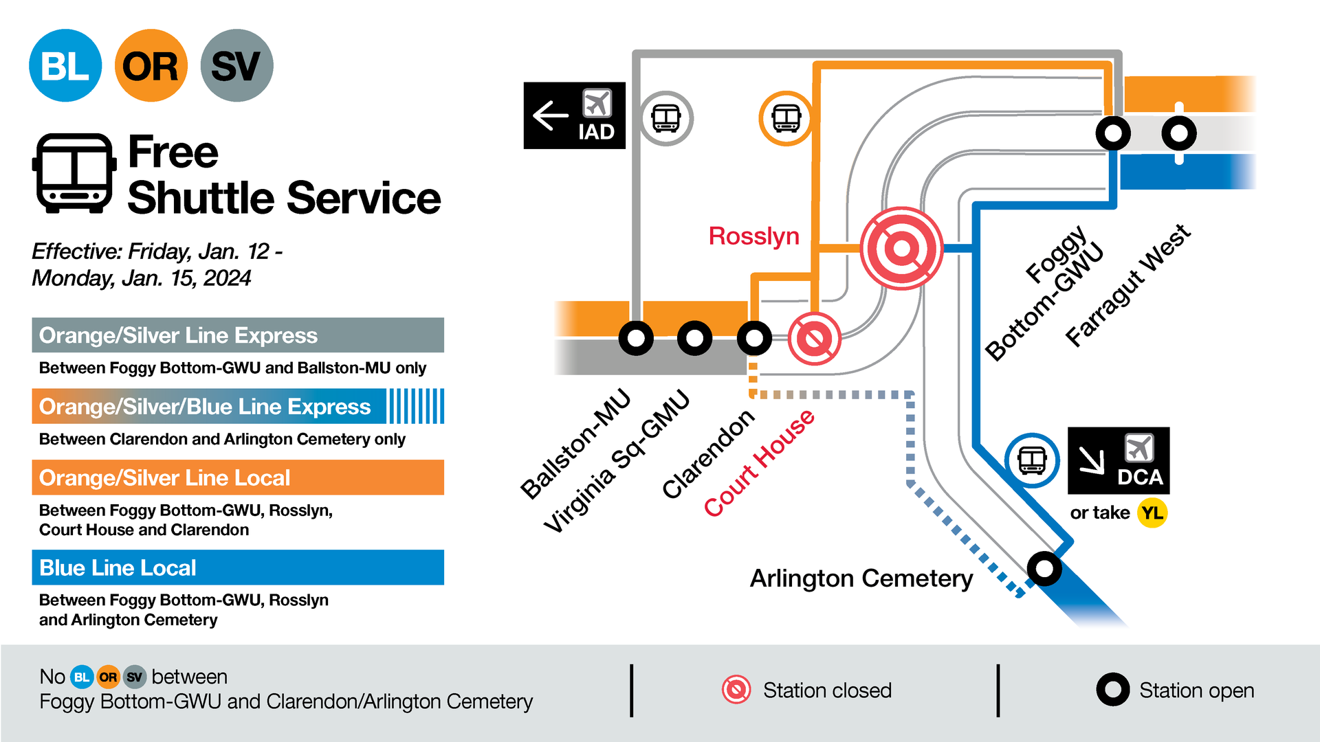 A map showing Rosslyn and Court House stations closed 
