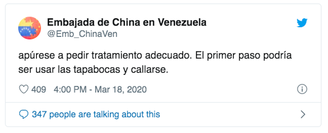 The Chinese Embassy in Caracas criticized unnamed Venezuelan officials for referring to the coronavirus as the "Chinese" or "Wuhan" 