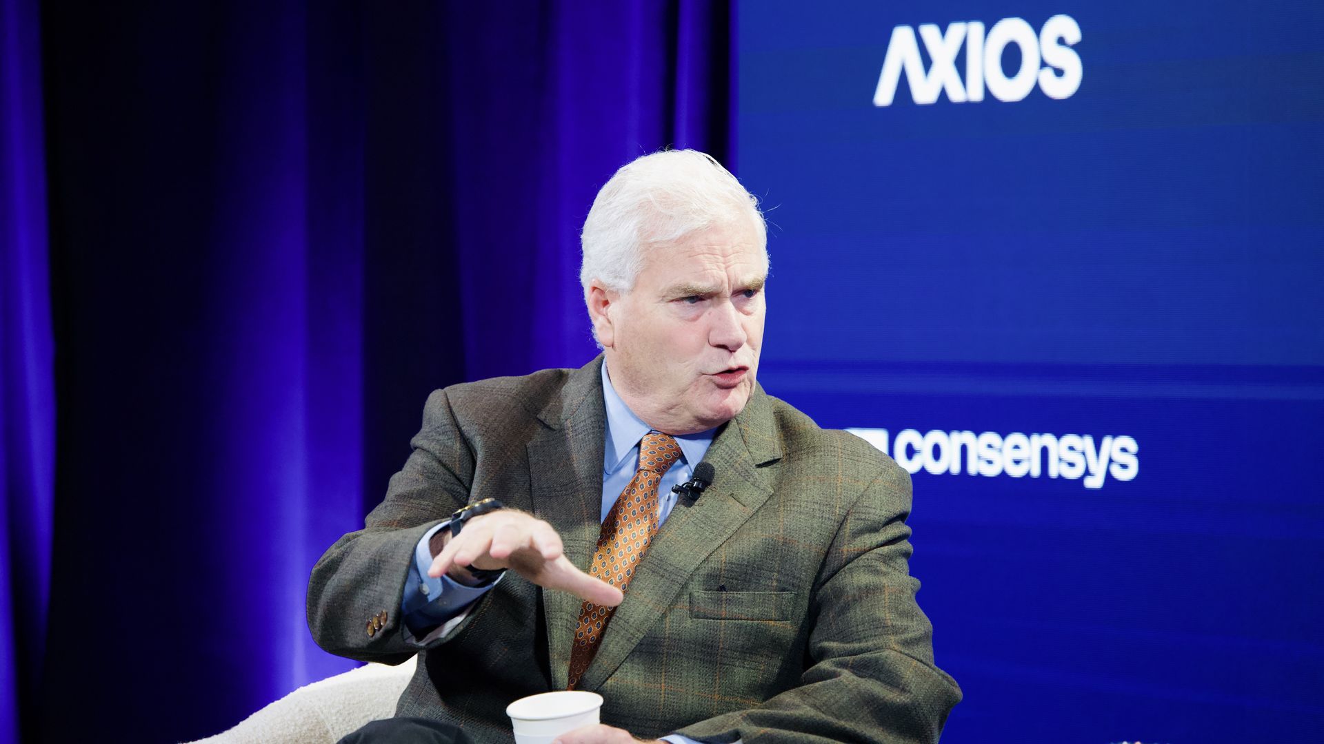 Tom Emmer on stage at Axios State of Play in Crypto event