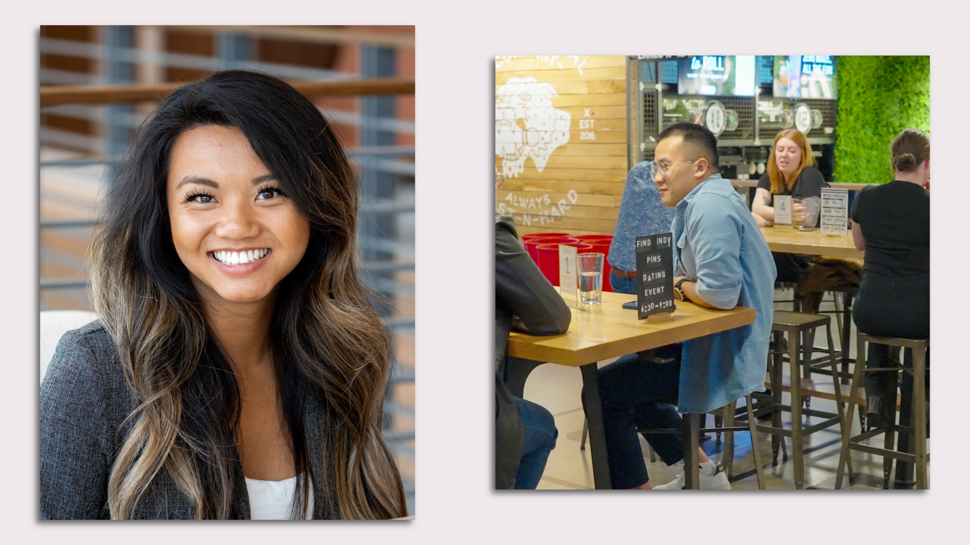 A photo of a woman and another of speed dating