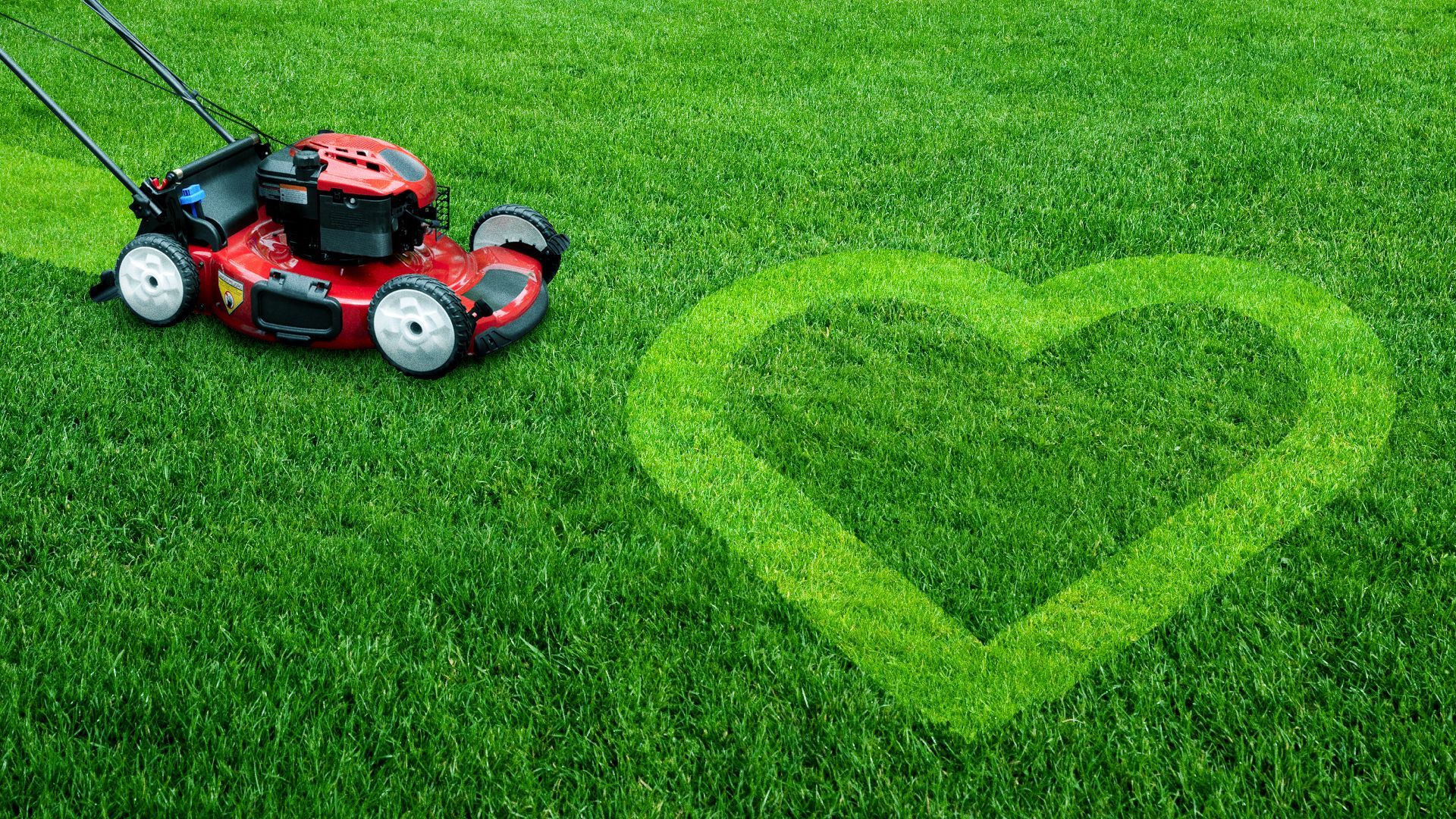 Illustration of a lawnmower next to a heart outline mown into the grass.