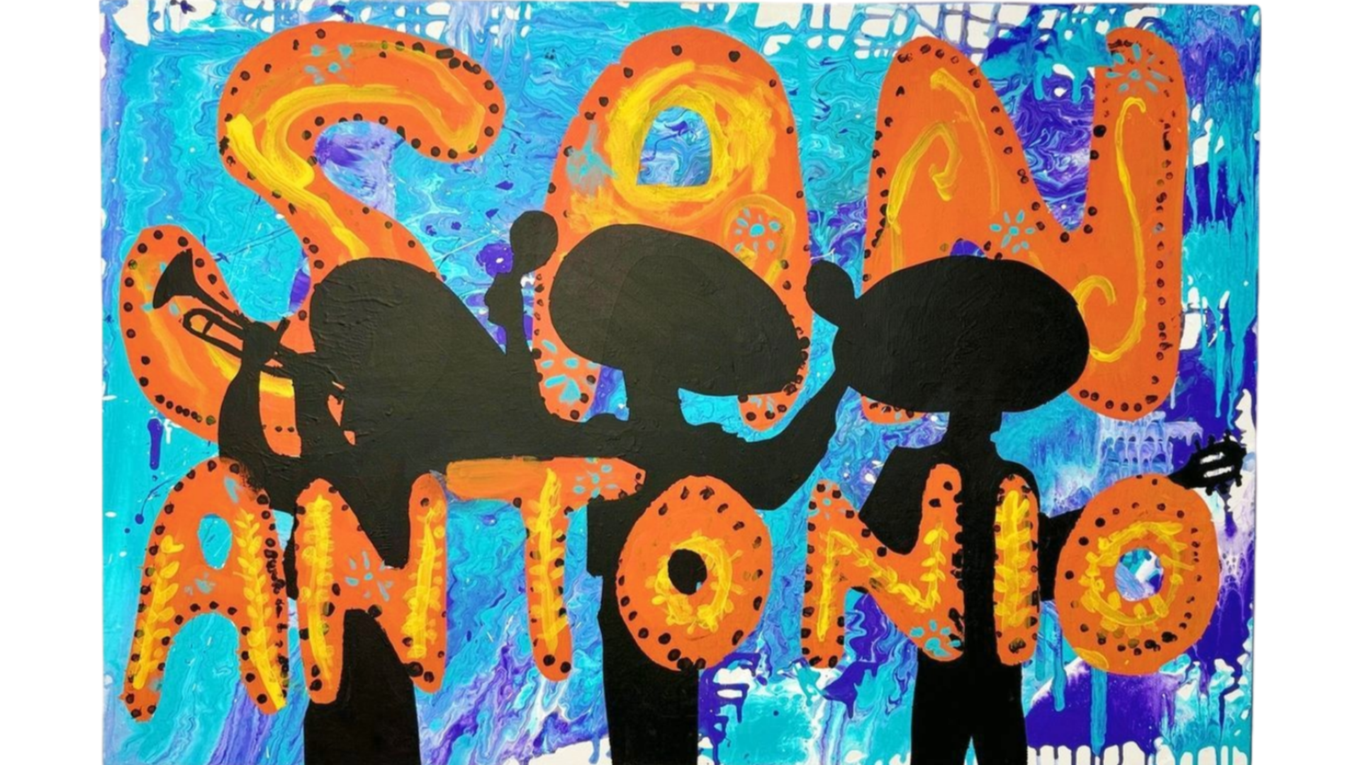 A bright painting with a blue background and large orange, dotted letters spelling "SAN ANTONIO." Black silhouettes of people playing instruments like a trumpet stand across the lower portion, adding contrast. It's inspired by a visit to Market Square to see traditional Dia de los Muertos art.