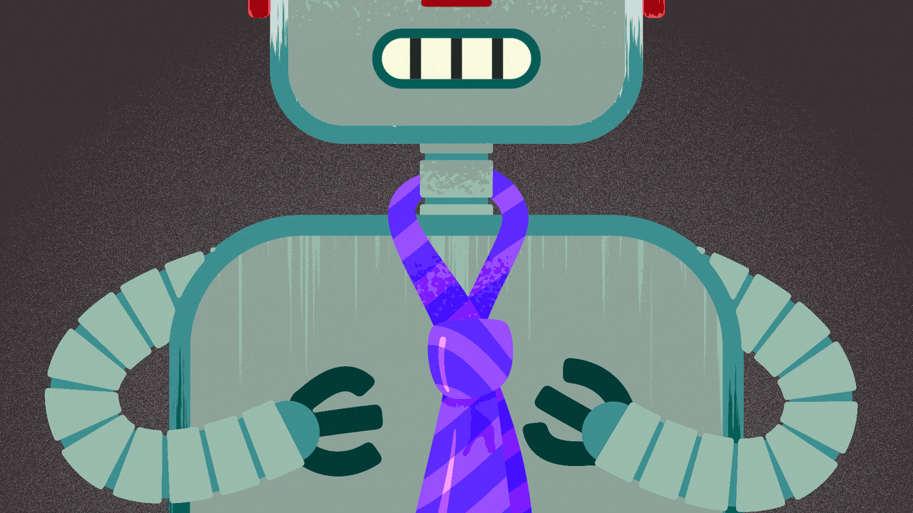 Animated illustration of a robot tightening and adjusting its necktie, followed by its teeth sparkling.