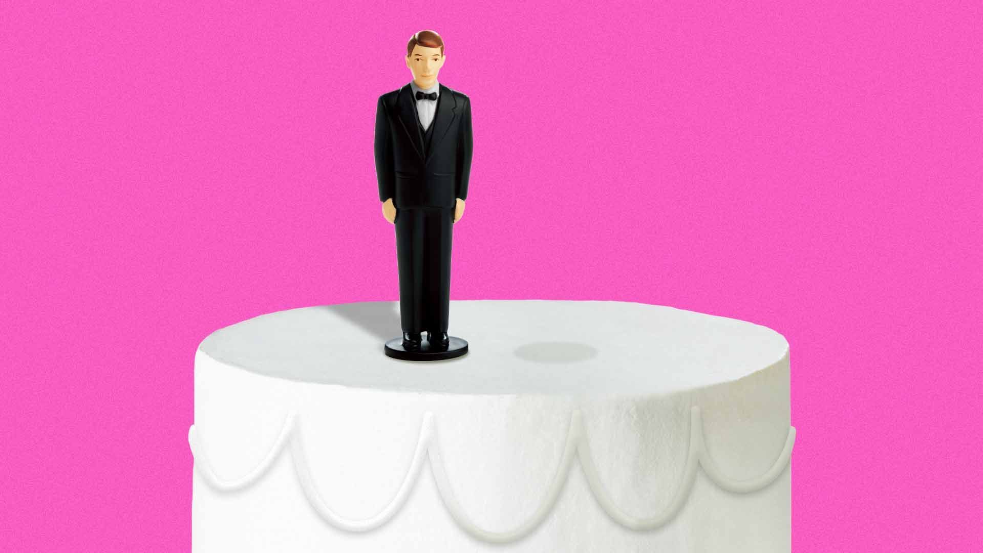 Illustration of a lone groom cake topper atop a wedding cake
