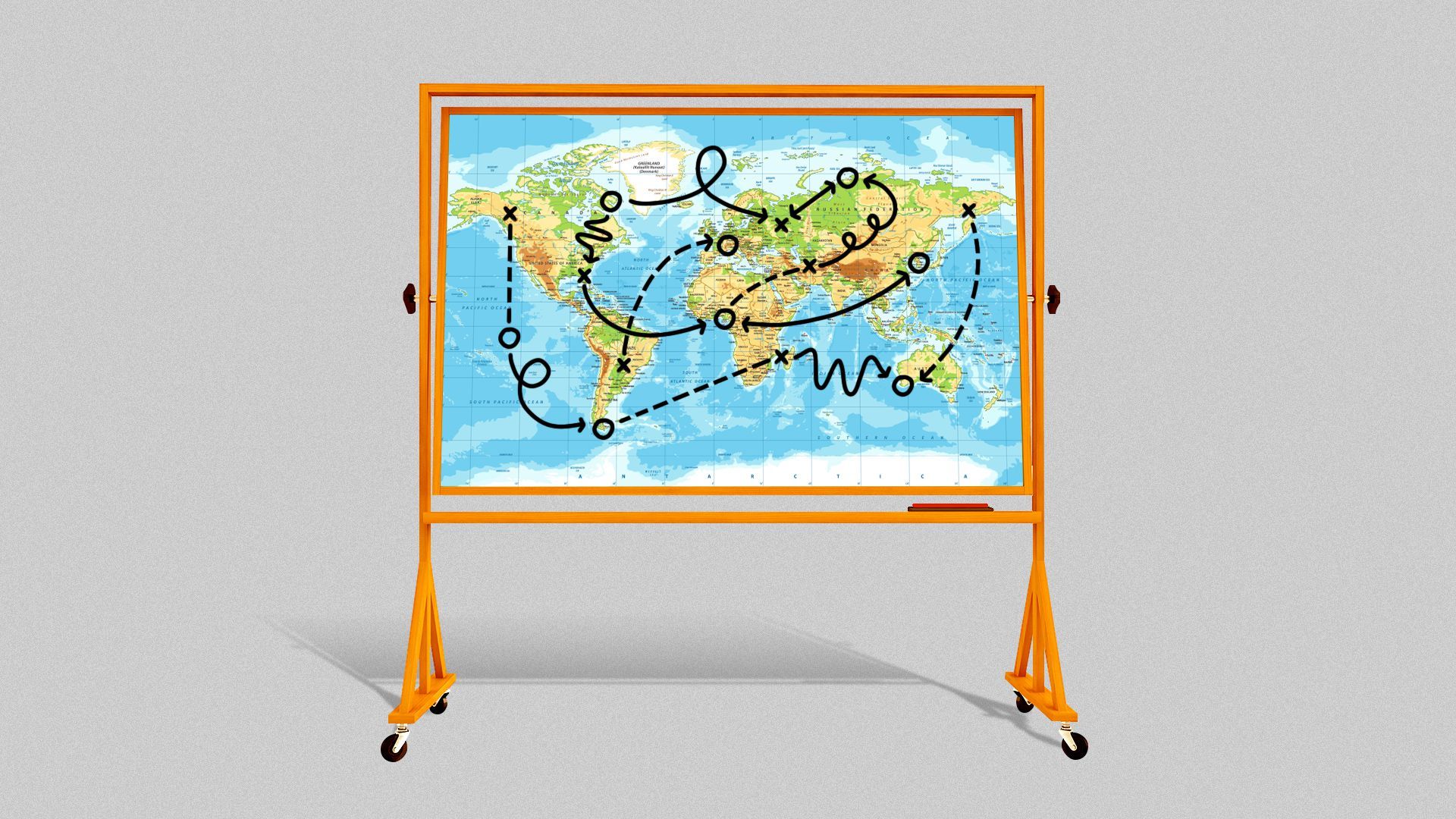 Illustration of a map on a board with lines, circles, X's and squiggly lines going all over the place. 