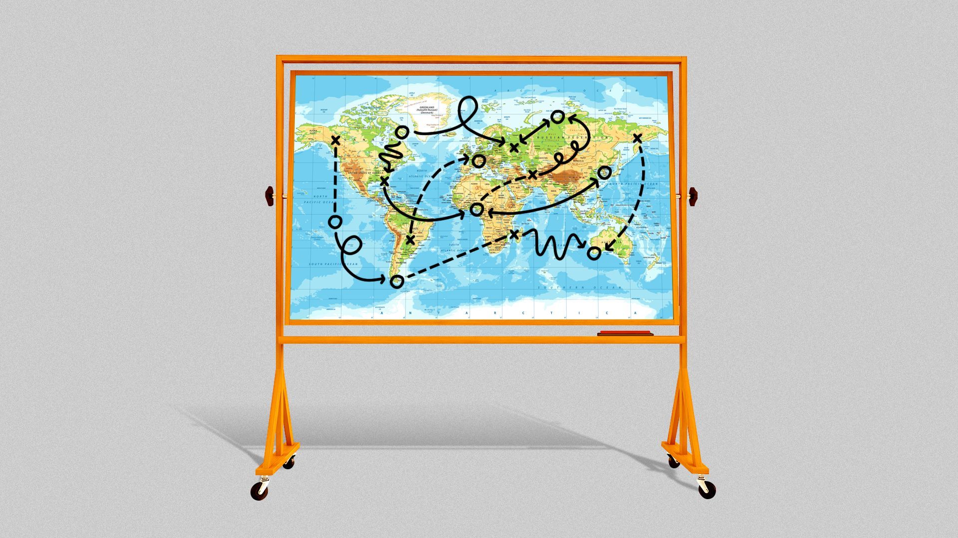 Illustration of a map on a board with lines, circles, X's and squiggly lines going all over the place.