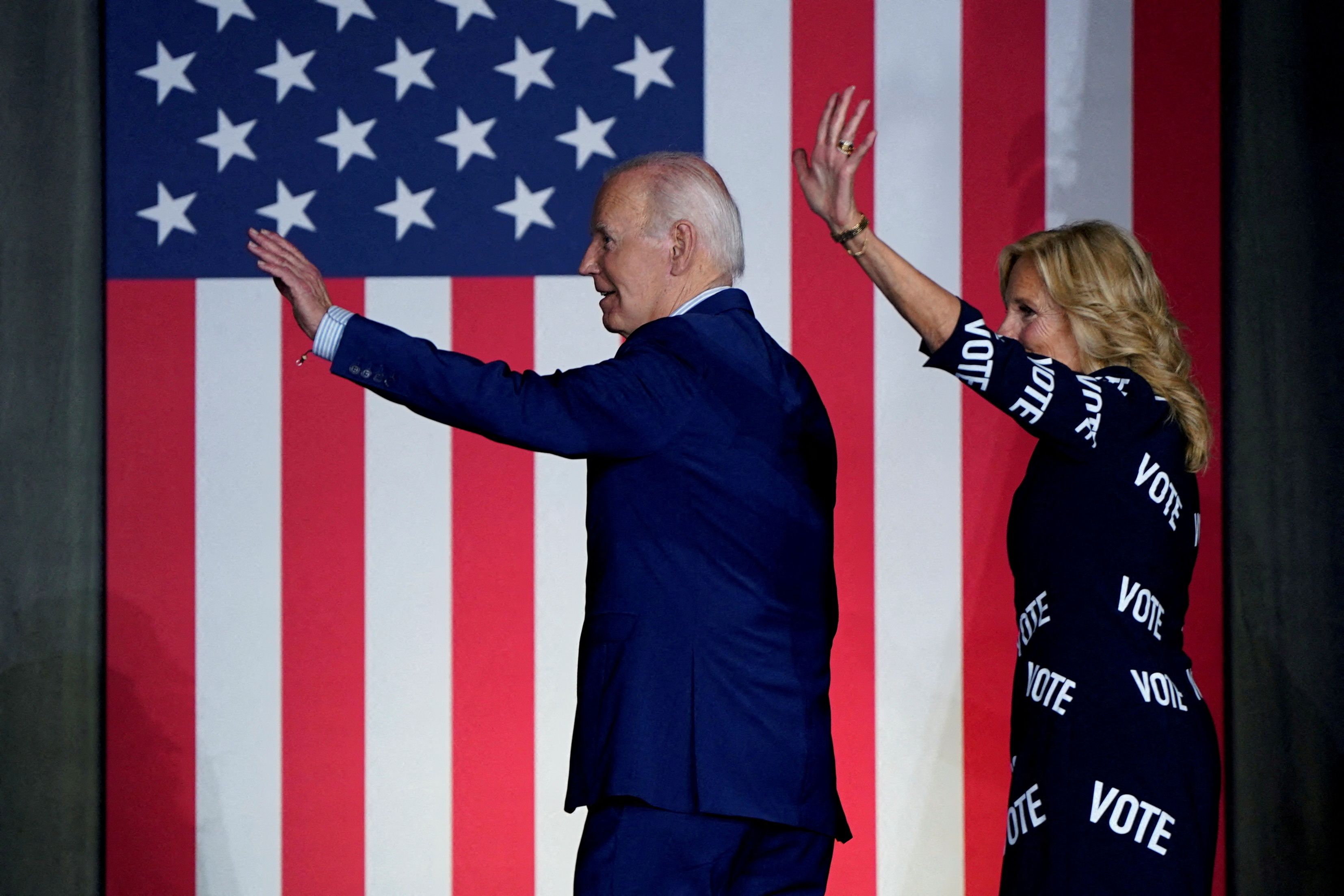 President Biden and Dr. Jill Biden wave