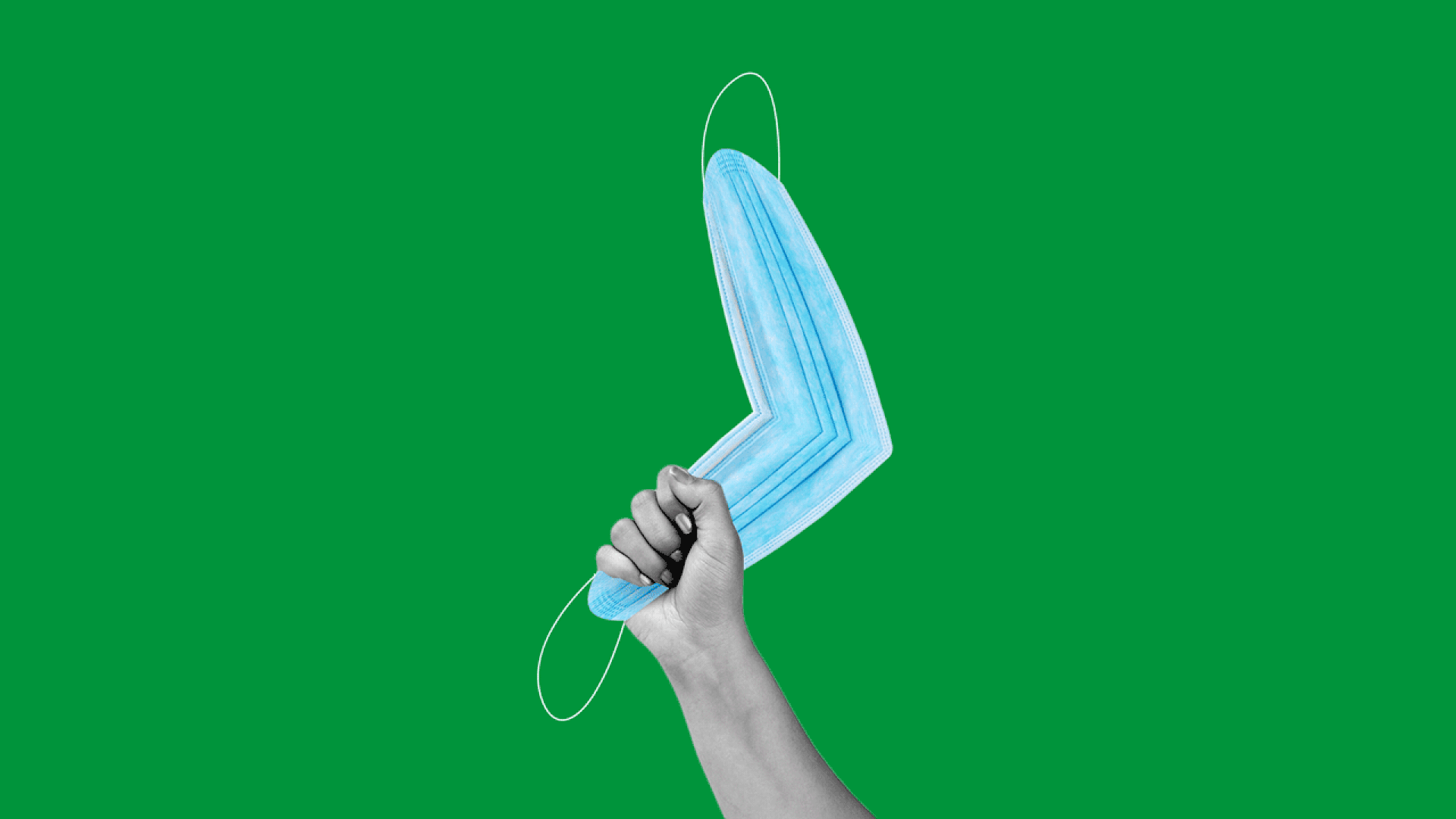 Animated illustration of a hand flicking away and catching a boomerang-shaped face mask 