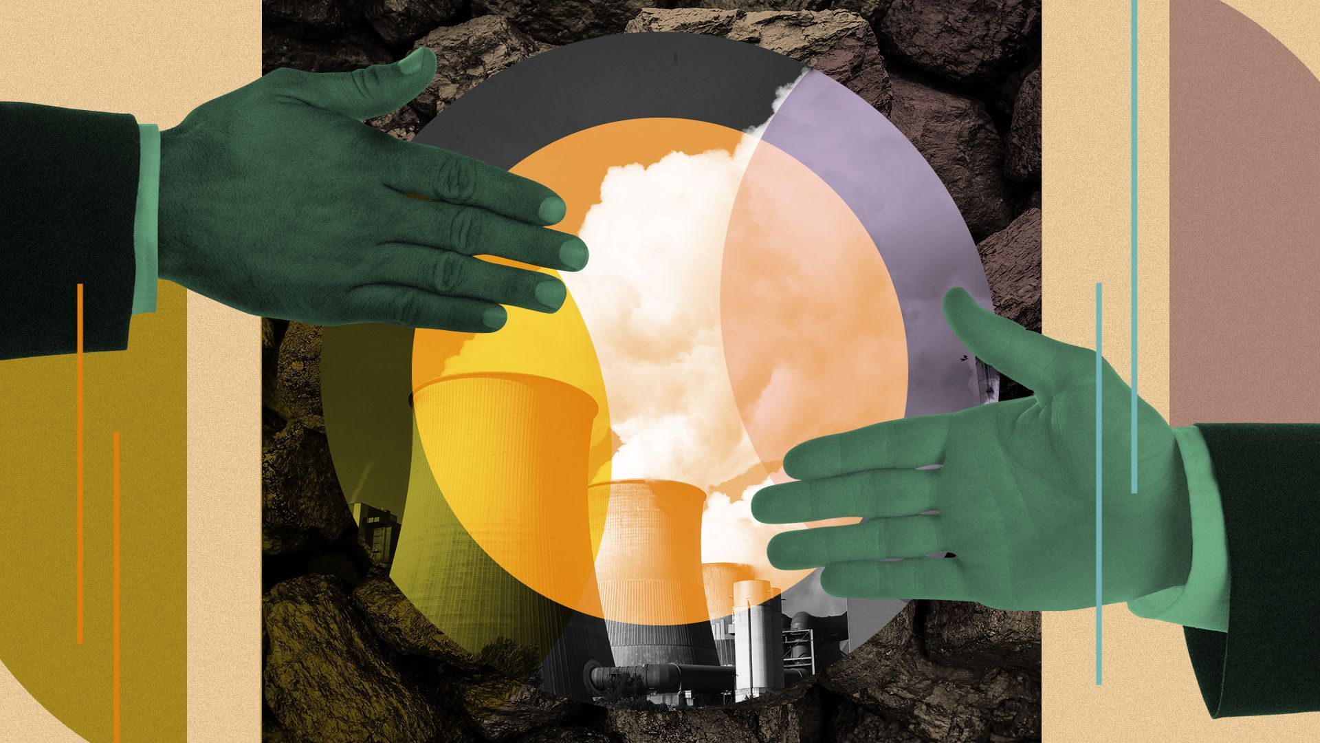 Photo illustration of a collage of a handshake, power plants and coal.