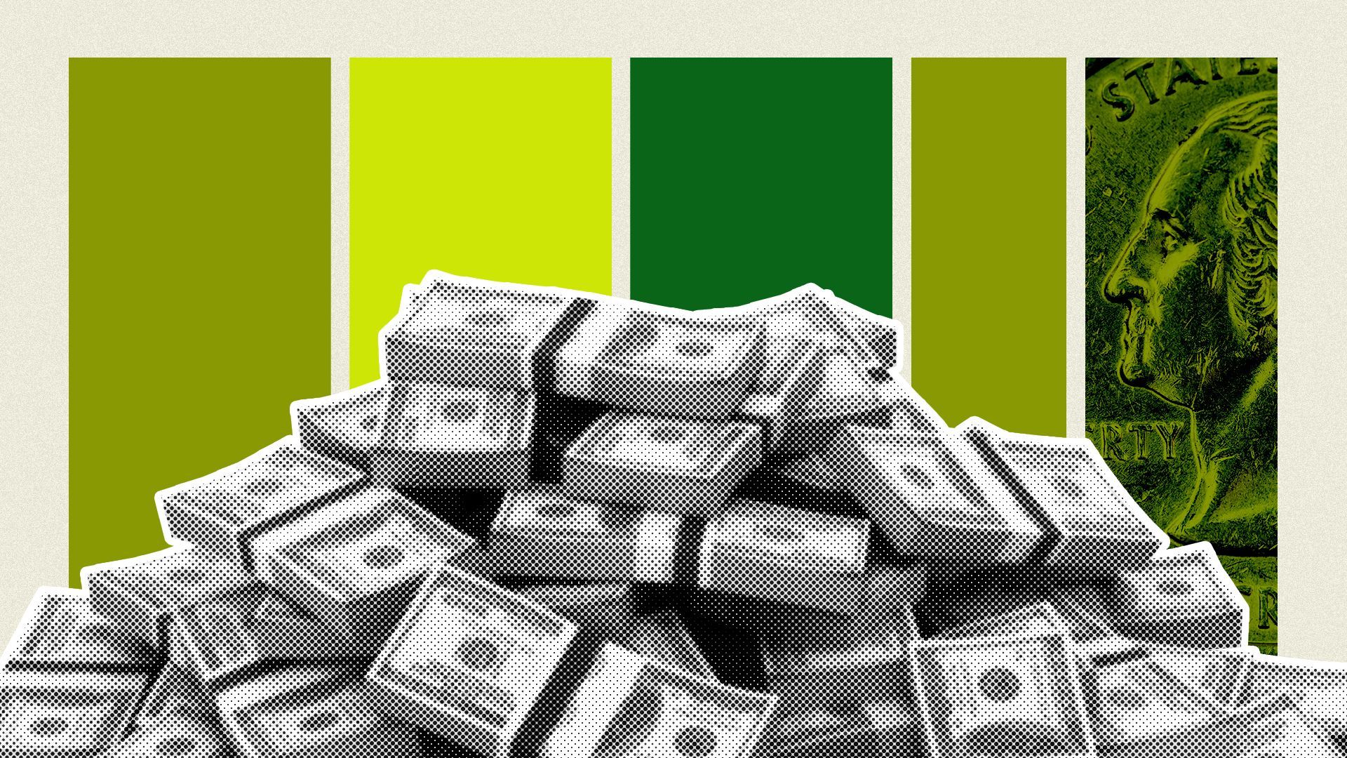 Illustration of a pile of money in front of abstract shapes.