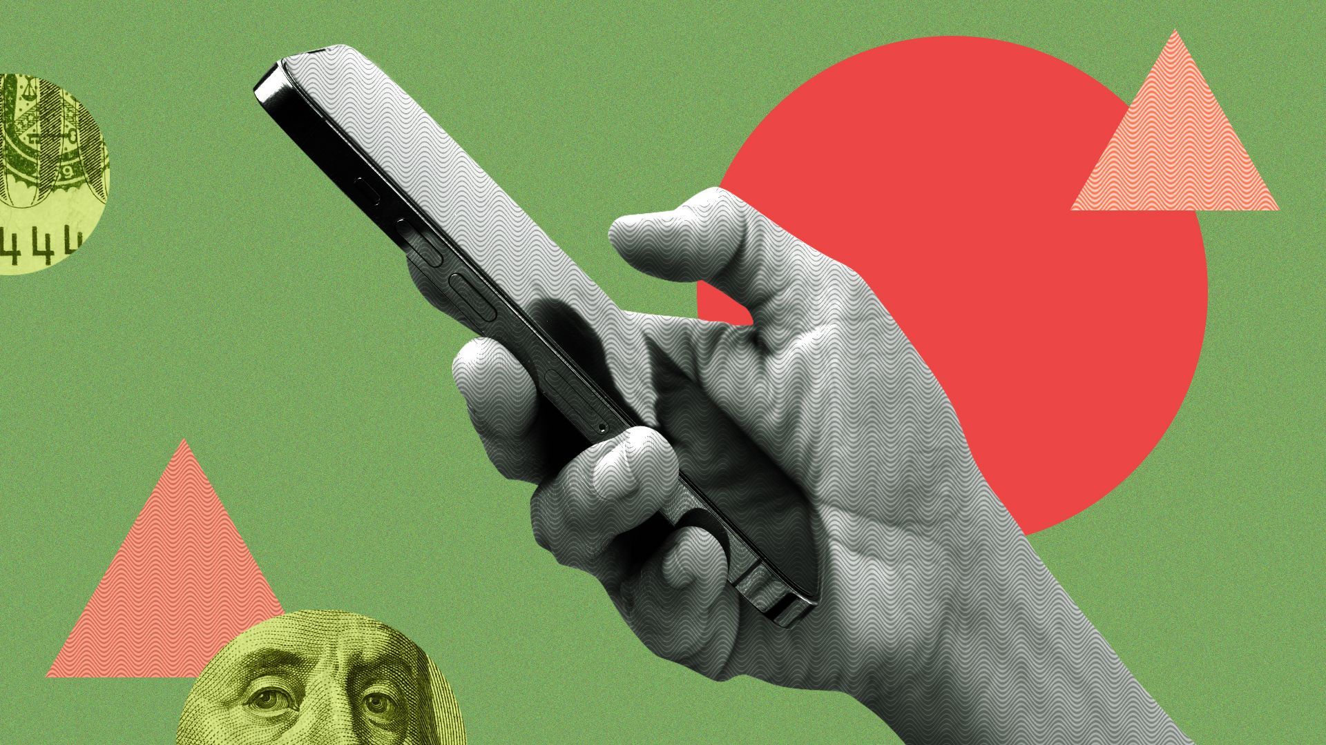 an illustration of a hand holding a cell phone surrounded by money and colorful shapes