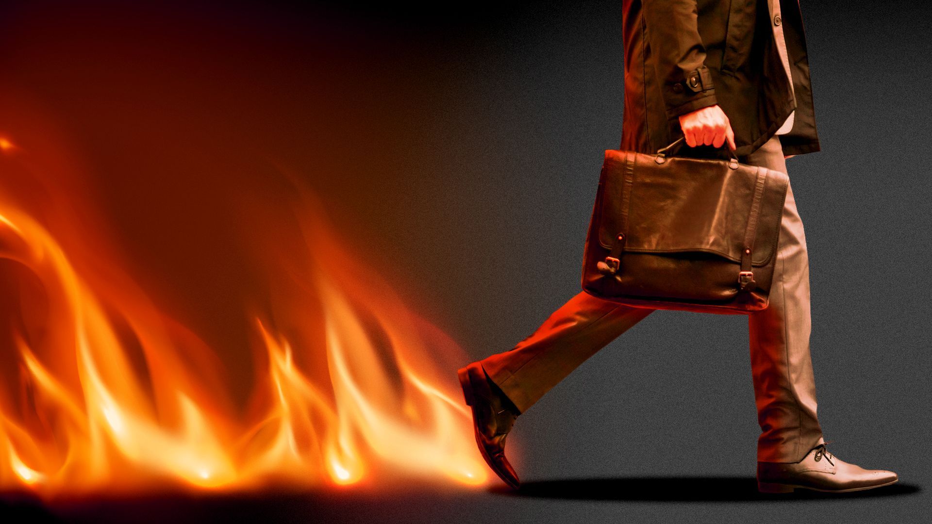 Illustration of a suited business person walking away with a briefcase in hand and a trail of fiery flames behind them