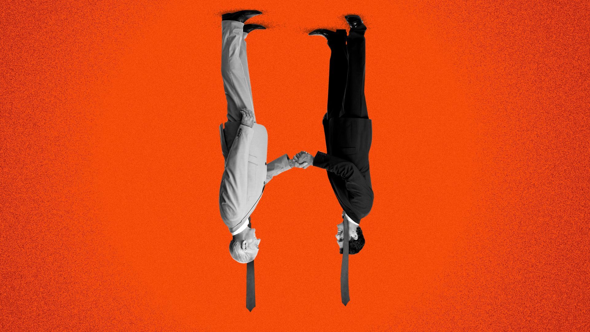 Illustration of two people shaking hands upside down. Their ties are hanging from gravity. 