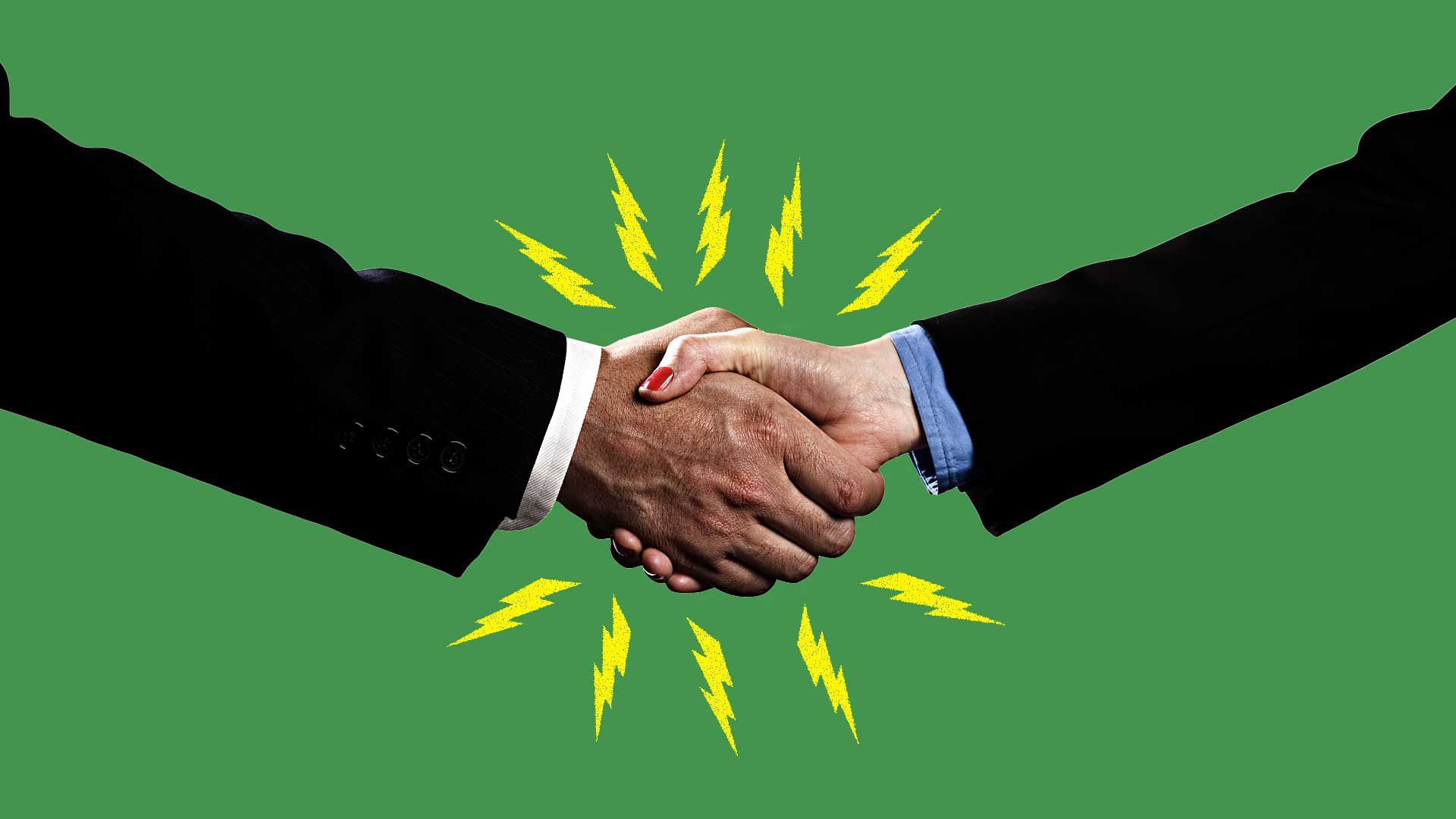 In this illustration, a man and a woman shake hands while wearing business suits, and lighting rods burst from their handshake.
