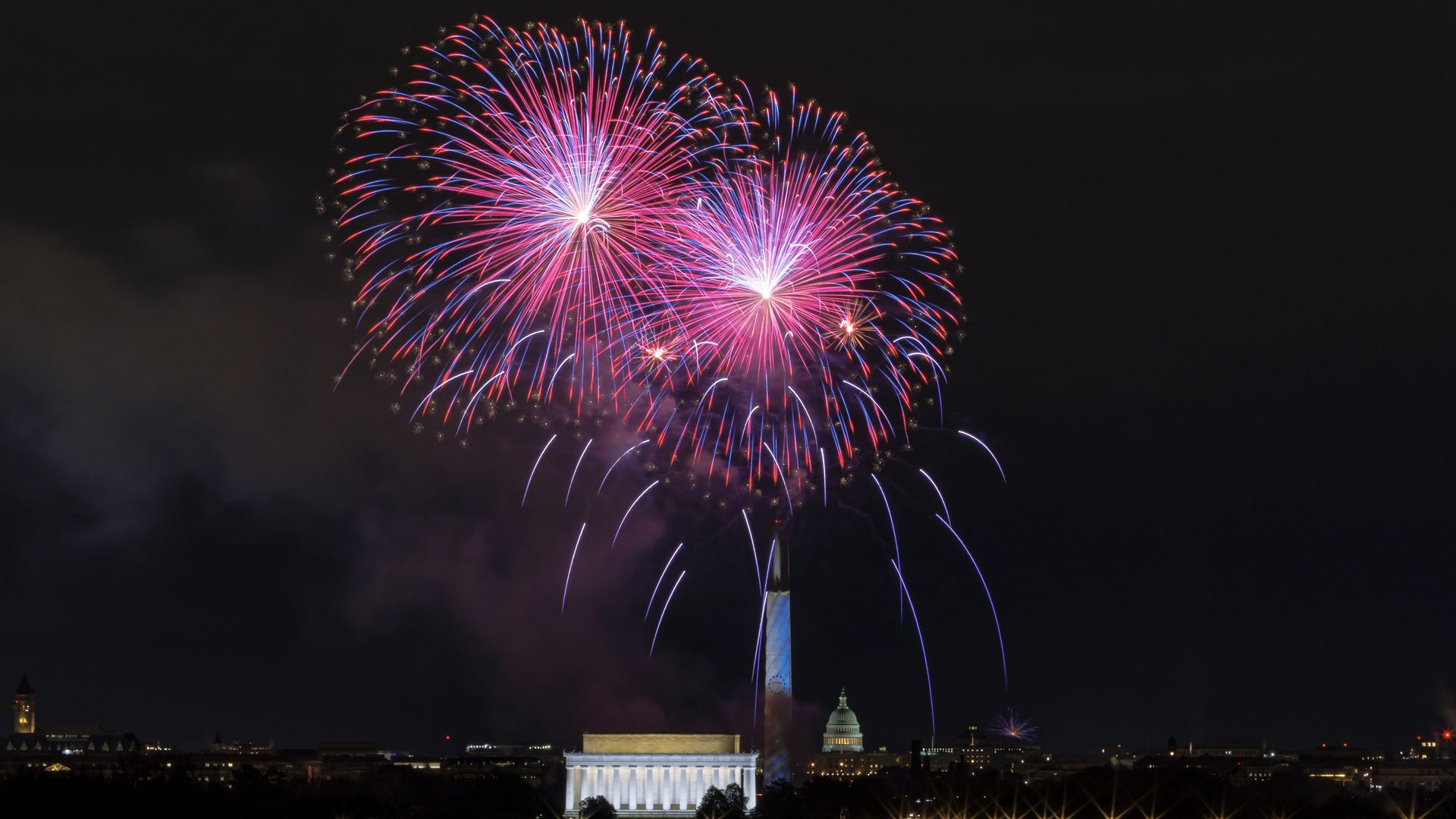 Fireworks in D.C., over the Lincoln Memorial, Washington Monument and Capitol in the background