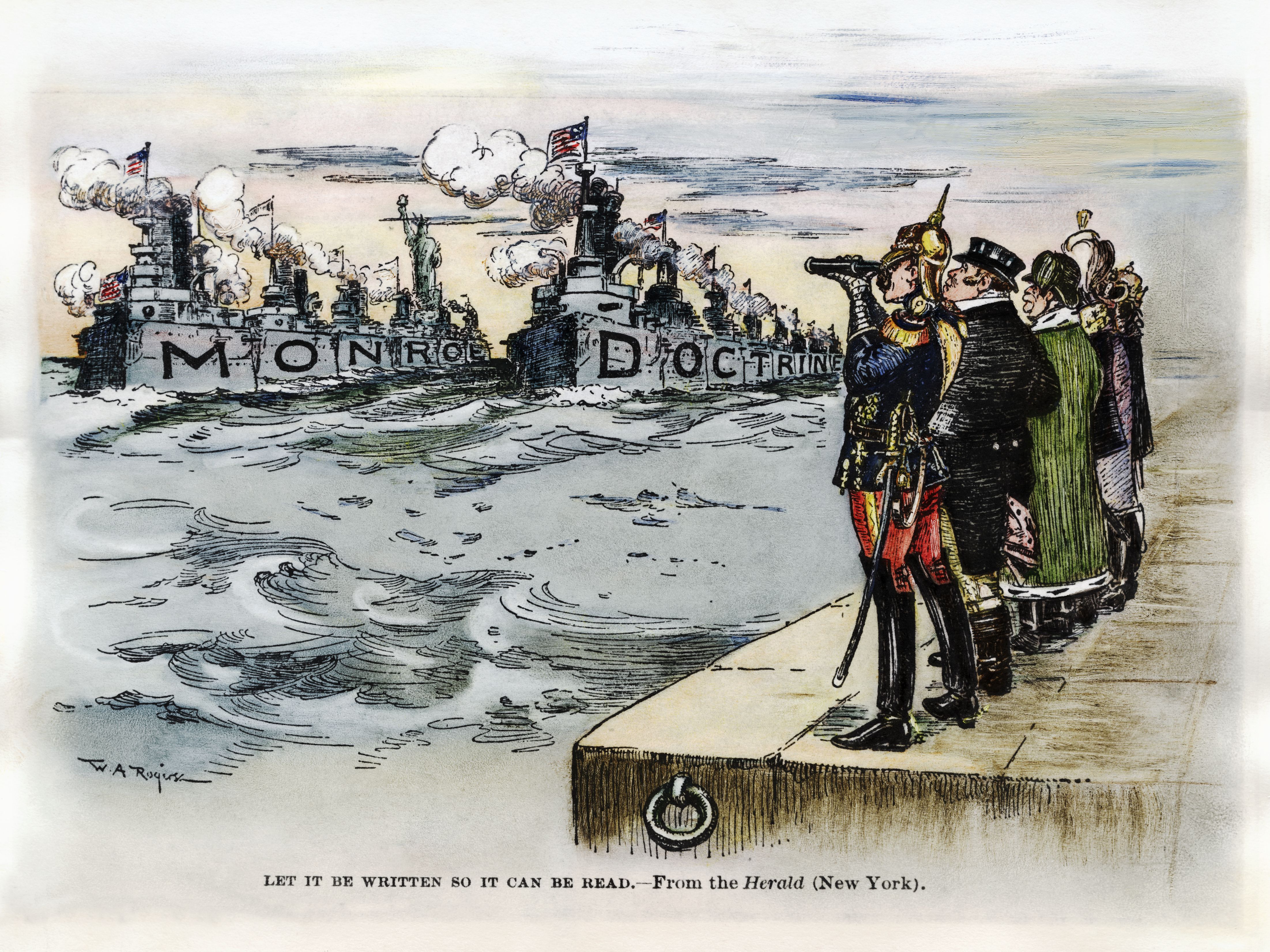 Color political cartoon showing four men on a dock looking at two battleships labeled MONROE DOCTRINE with American flags and smoke, titled "Let it be written so it can be read."