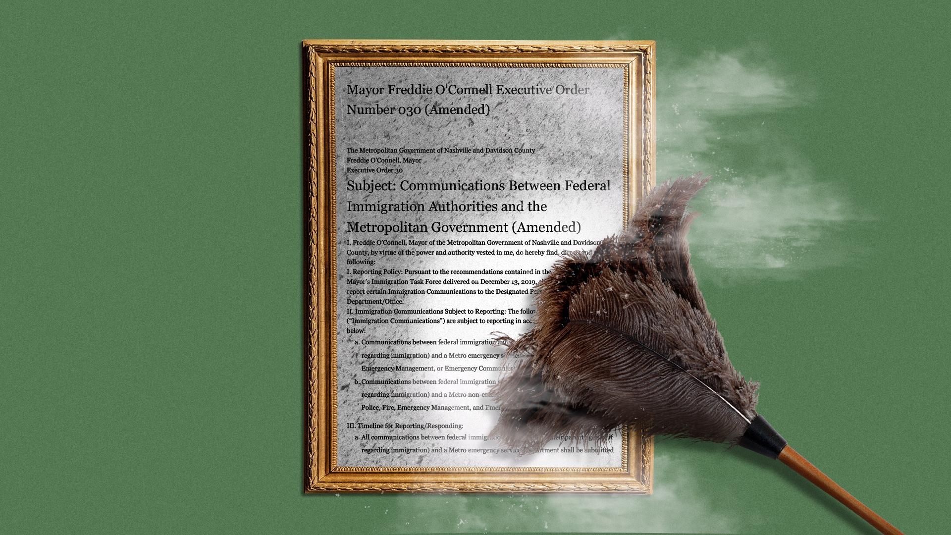 Illustration of a framed copy of Mayor Freddie O'Connell Executive Order Number 030 being dusted off with a feather duster.