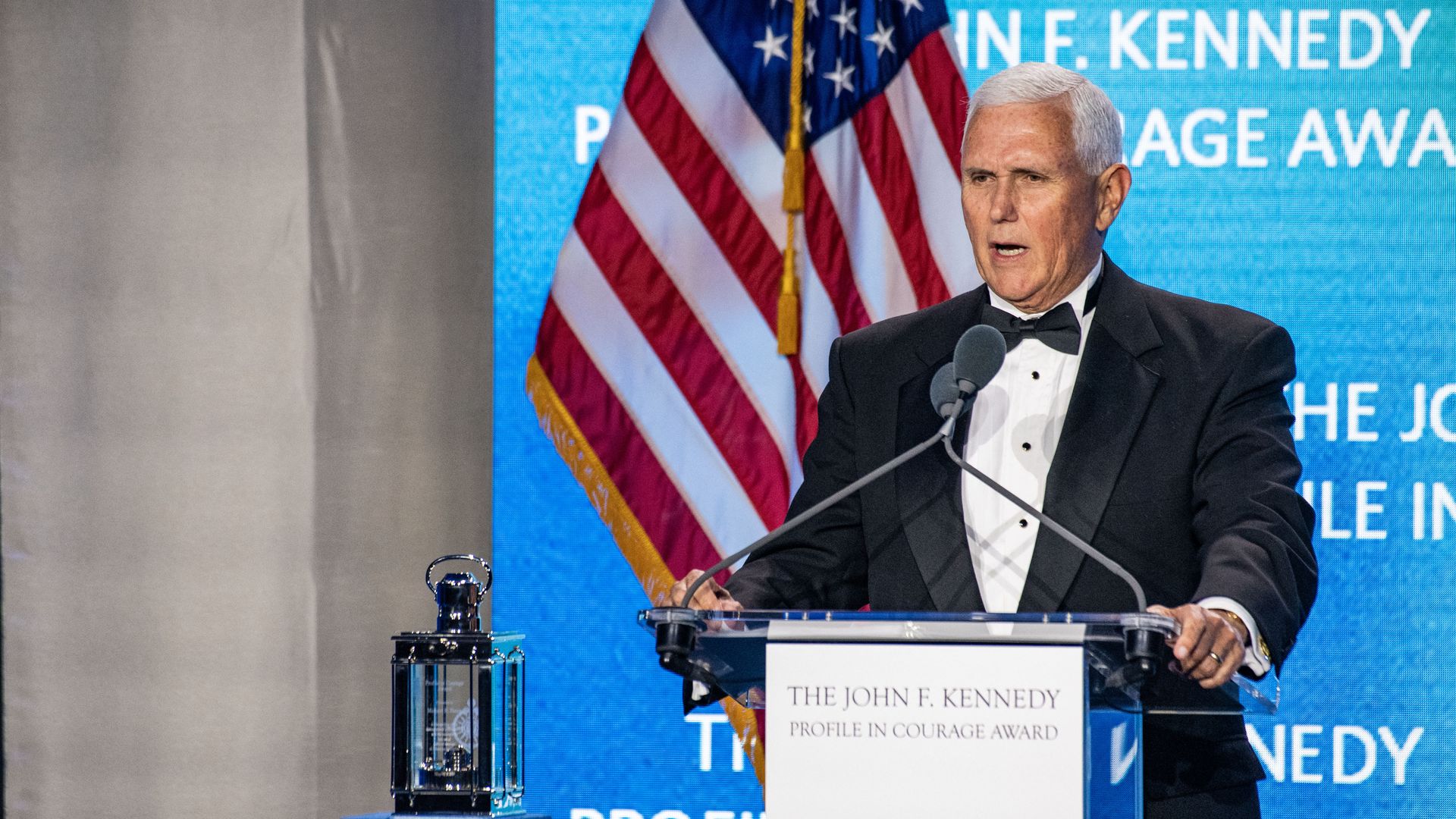 Former US Vice President Mike Pence speaks after accepting the 2025 John F. Kennedy Profile in Courage Award at the John F. Kennedy Presidential Library and Museum in Boston.