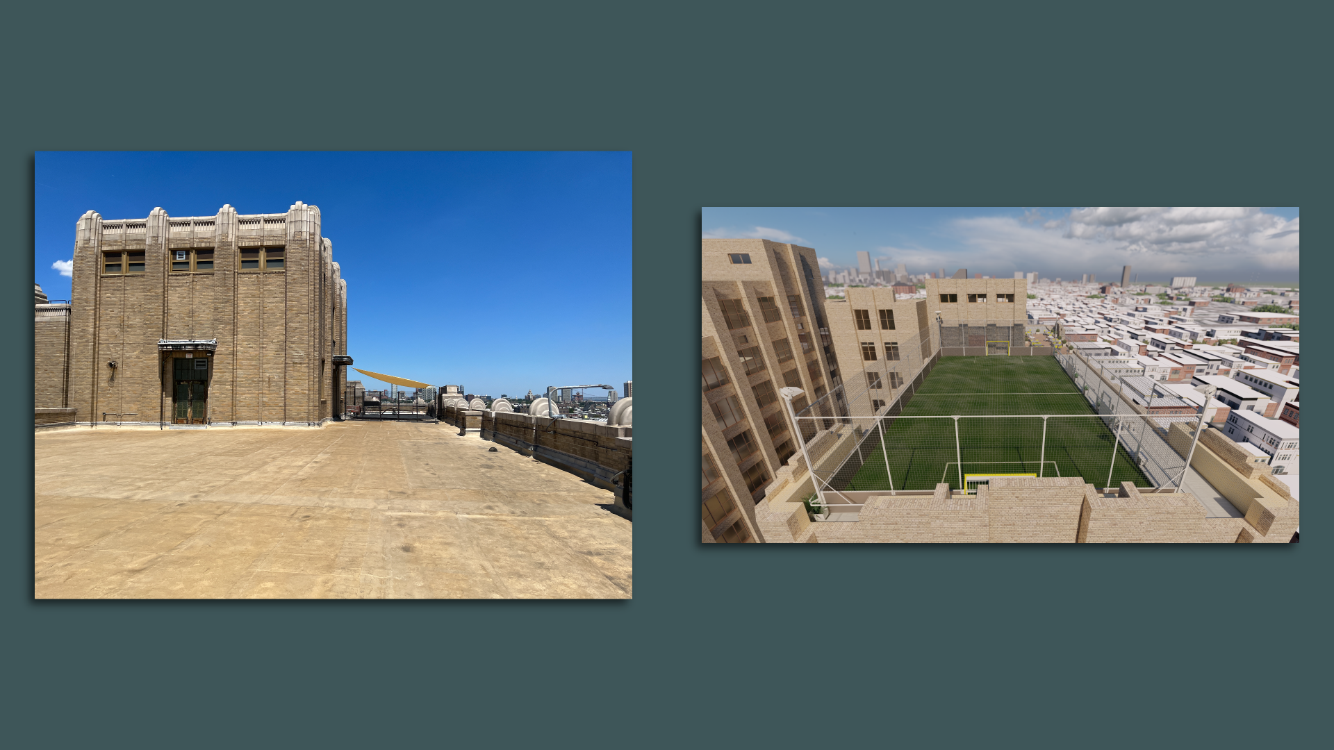 Side-by-side images of the current Bok roof space and a rendering of the soccer pitch that it will be transformed into.