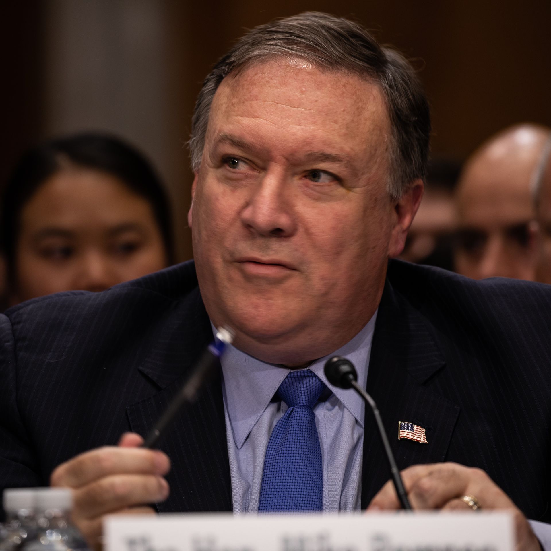 Mike Pompeo seated during his Senate testimony