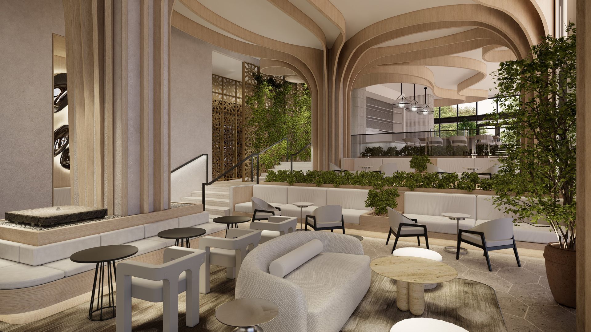 Modern indoor lounge with curved beige sofa, gray chairs, black tables, wood accents, green plants, decorative ceiling, and natural light from large windows.