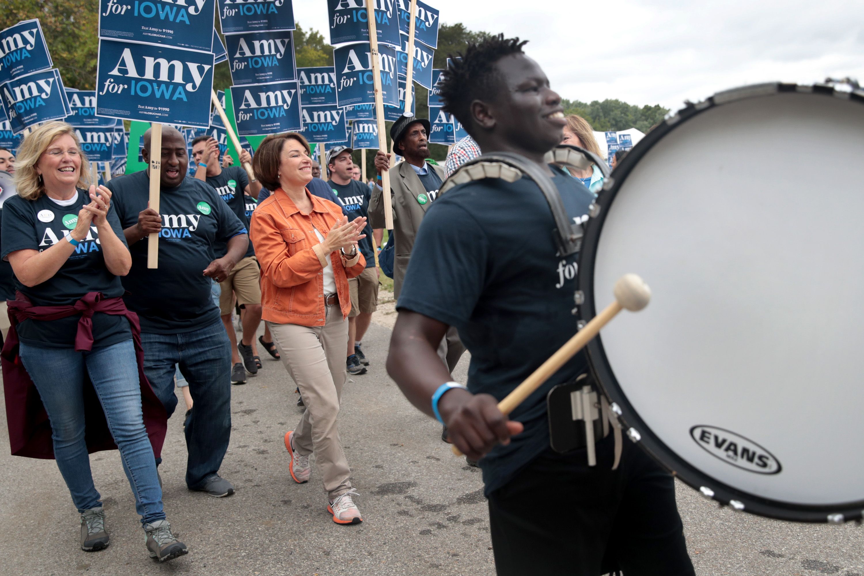  Democratic presidential candidate, Sen. Amy Klobuchar (D-MN) marches with supporters at the Polk County Democrats' Steak Fry on September 21, 2019 in Des Moines, Iowa.