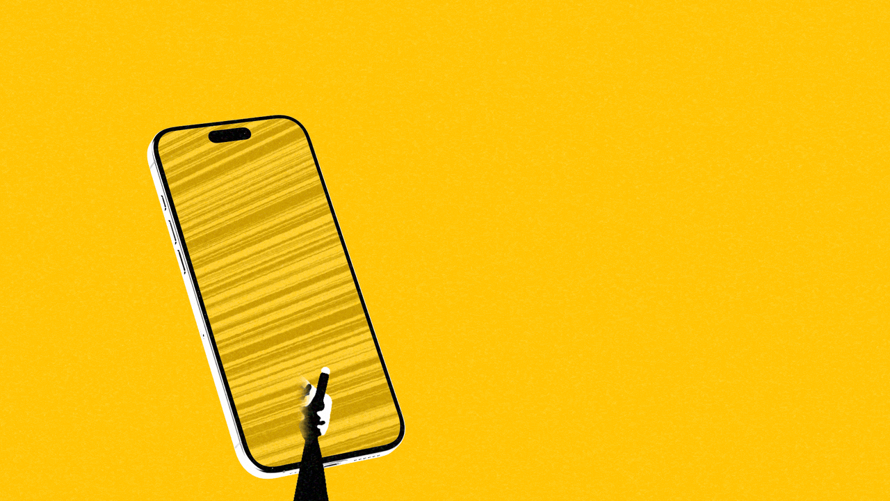 Animated illustration of a hand coming out of a phone screen with speed lines on it, waving a checkered flag.