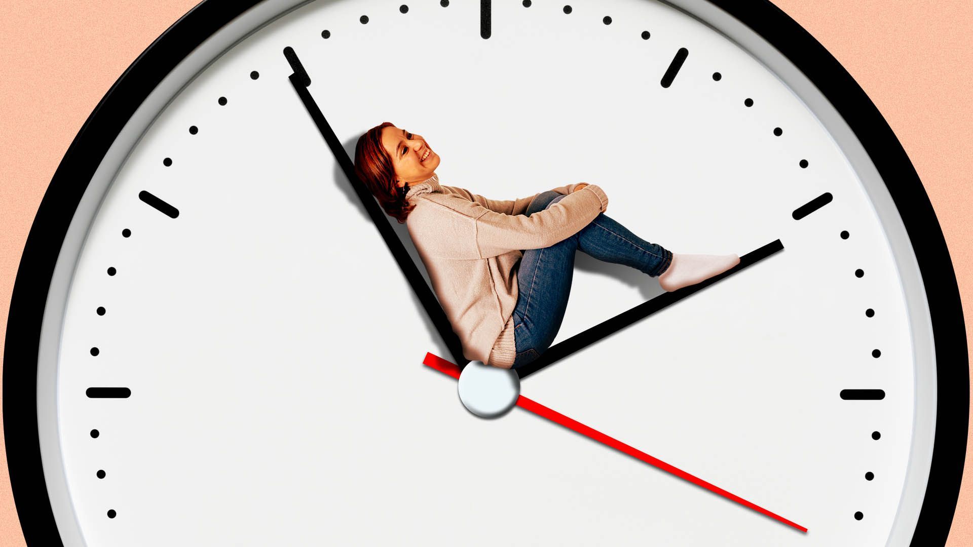 Illustration of a woman reclining on the hands of a clock