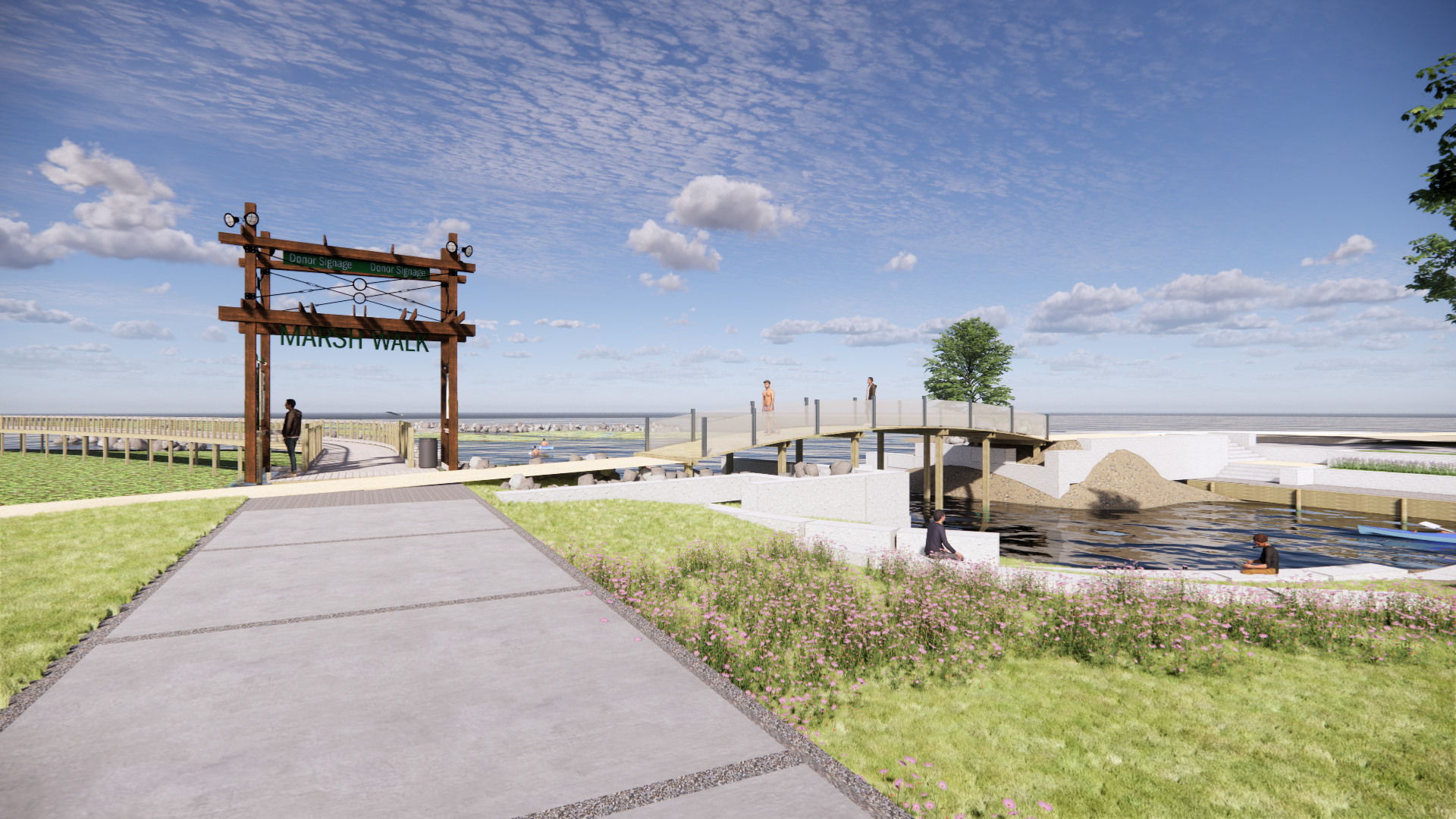 Rendering shows the marsh walk and the protected paddle canal